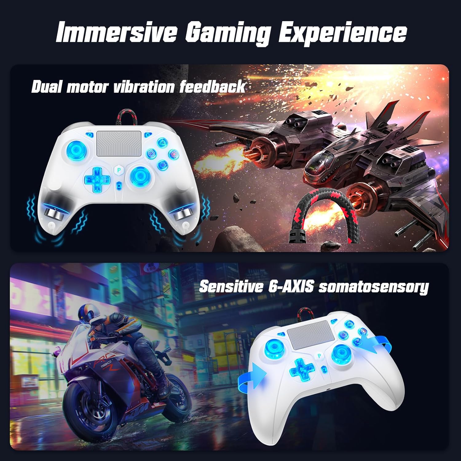 Detalle 2 de Gamrombo RGB Wired Controller für PS5/PS4/PC – kabelgebundener Gamepad mit Makro, Turbo, Touchpad und LED-Beleuchtung