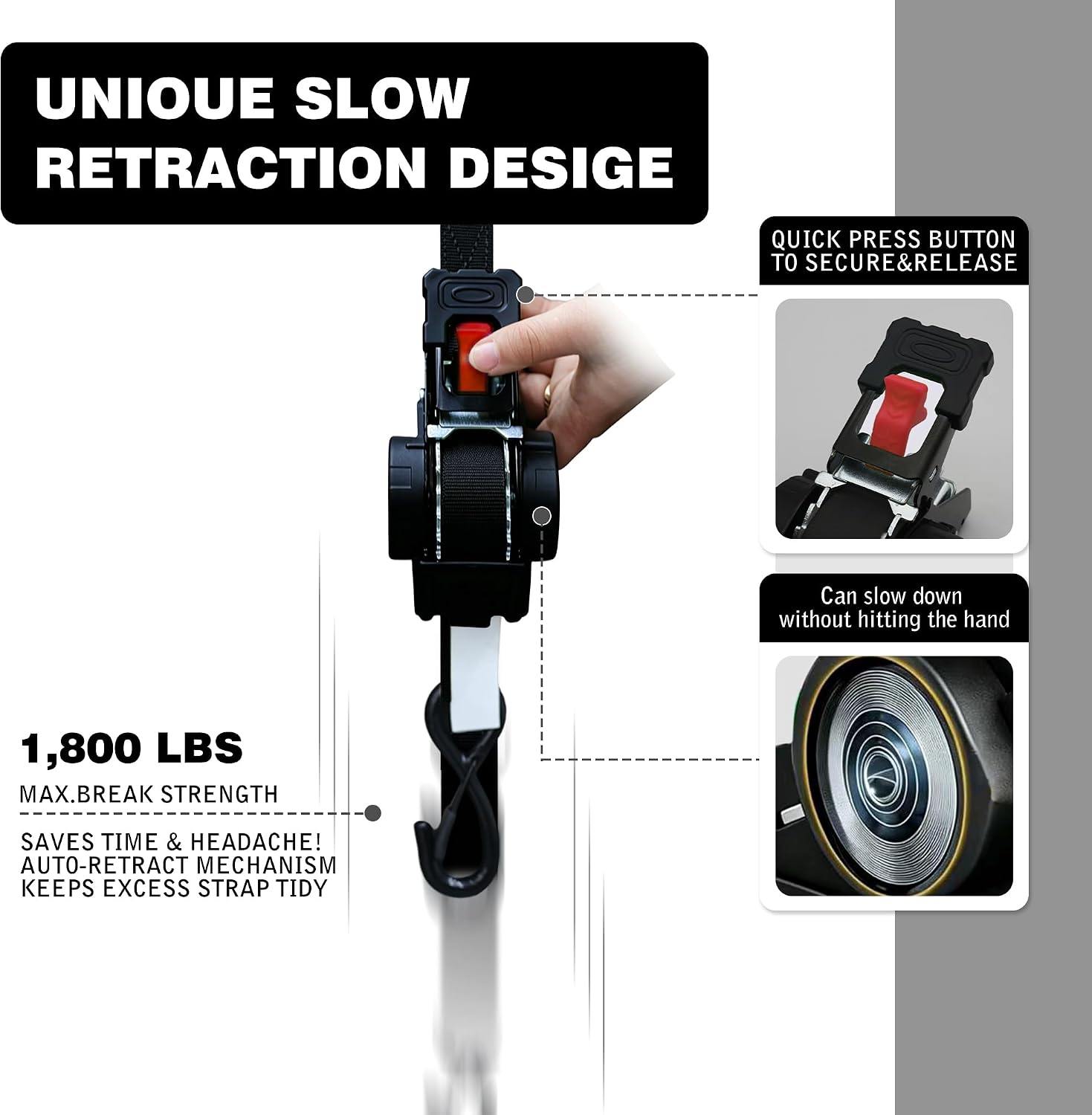 Thumbnail 1 de Retractable Ratchet Straps 1in x 13ft (4-Pack) — Heavy-Duty Auto Slow Retraction Tie-Downs for Truck, Trailer, Motorcycle & More