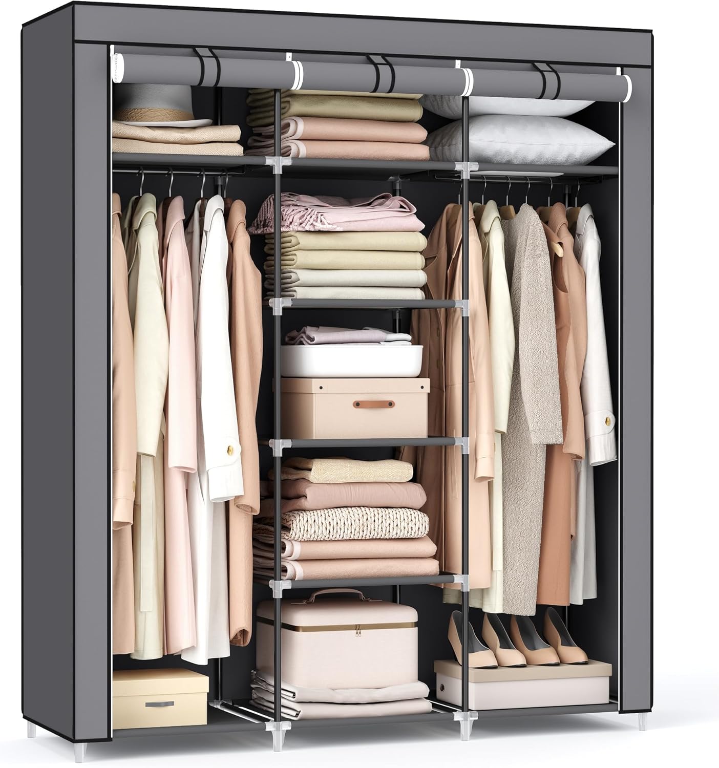 Detalle de SONGMICS RYG12G fabric wardrobe cupboard with hanging rails and shelves, 175 x 150 x 45 cm (grey)