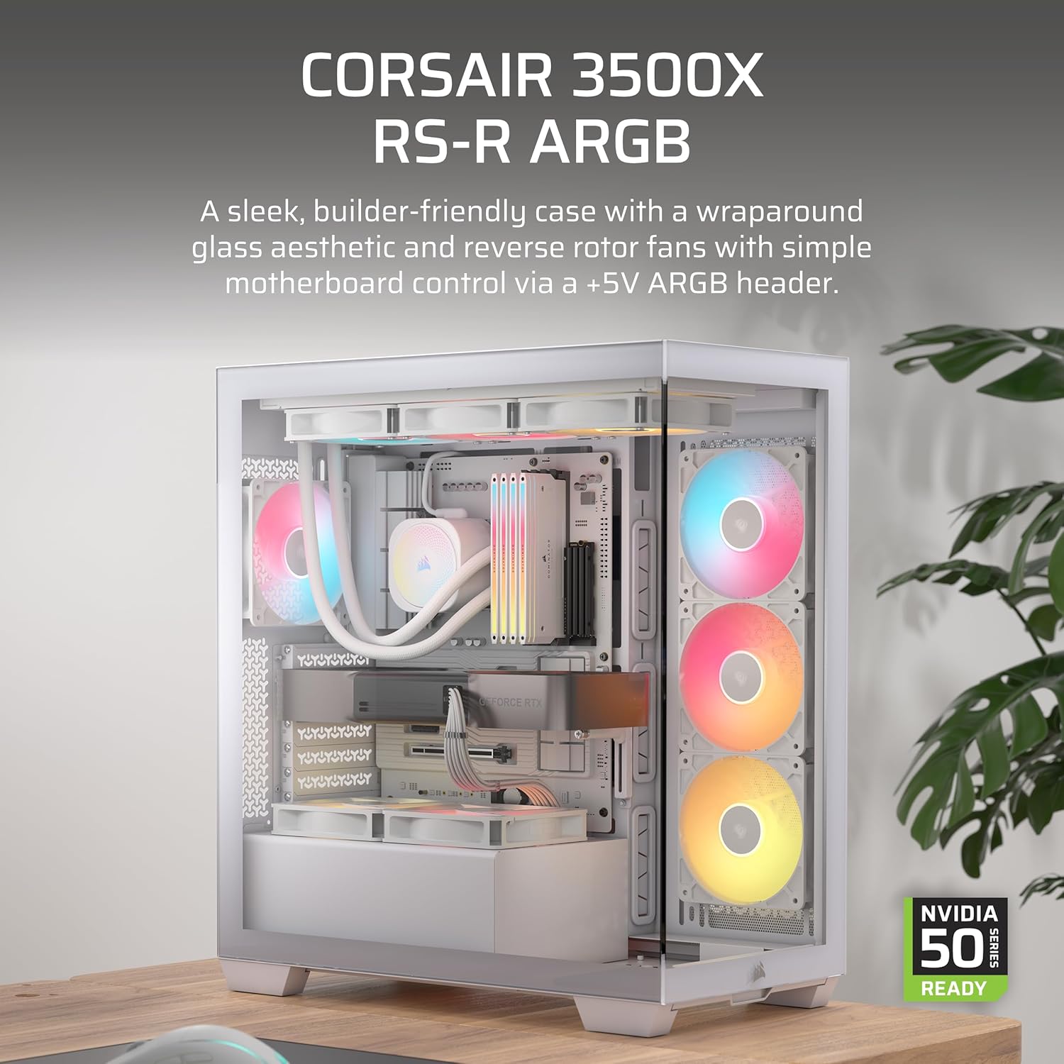 Thumbnail 1 de CORSAIR 3500X RS-R ARGB Panoramic Mid-Tower PC Case with 3x pre-installed RS120-R ARGB fans (White)
