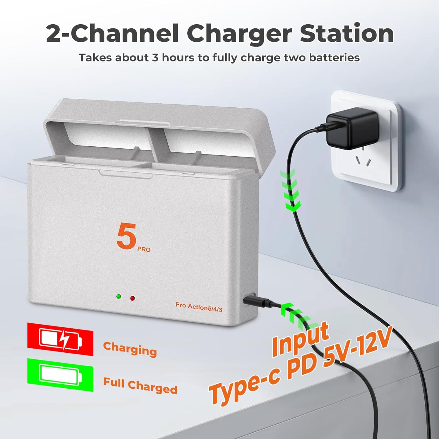 Detalle de TQTHL Osmo Action 5 Pro / 4 / 3 Battery Charger Kit (2 x 2800mAh) for Osmo Action Cameras