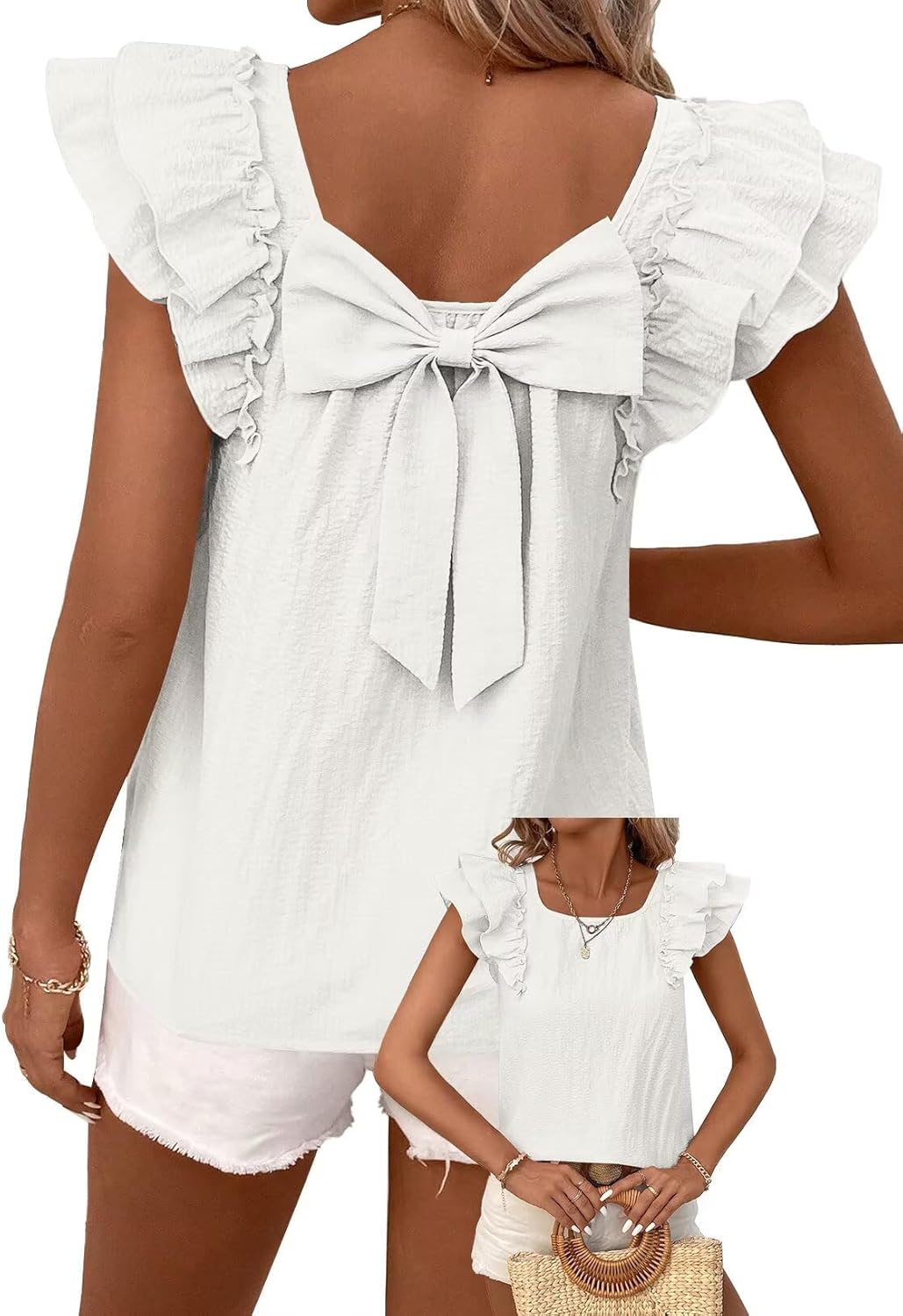 Detalle de Falechay Bow Tie Back Ruffle Short Sleeve Babydoll Chiffon Top for Women