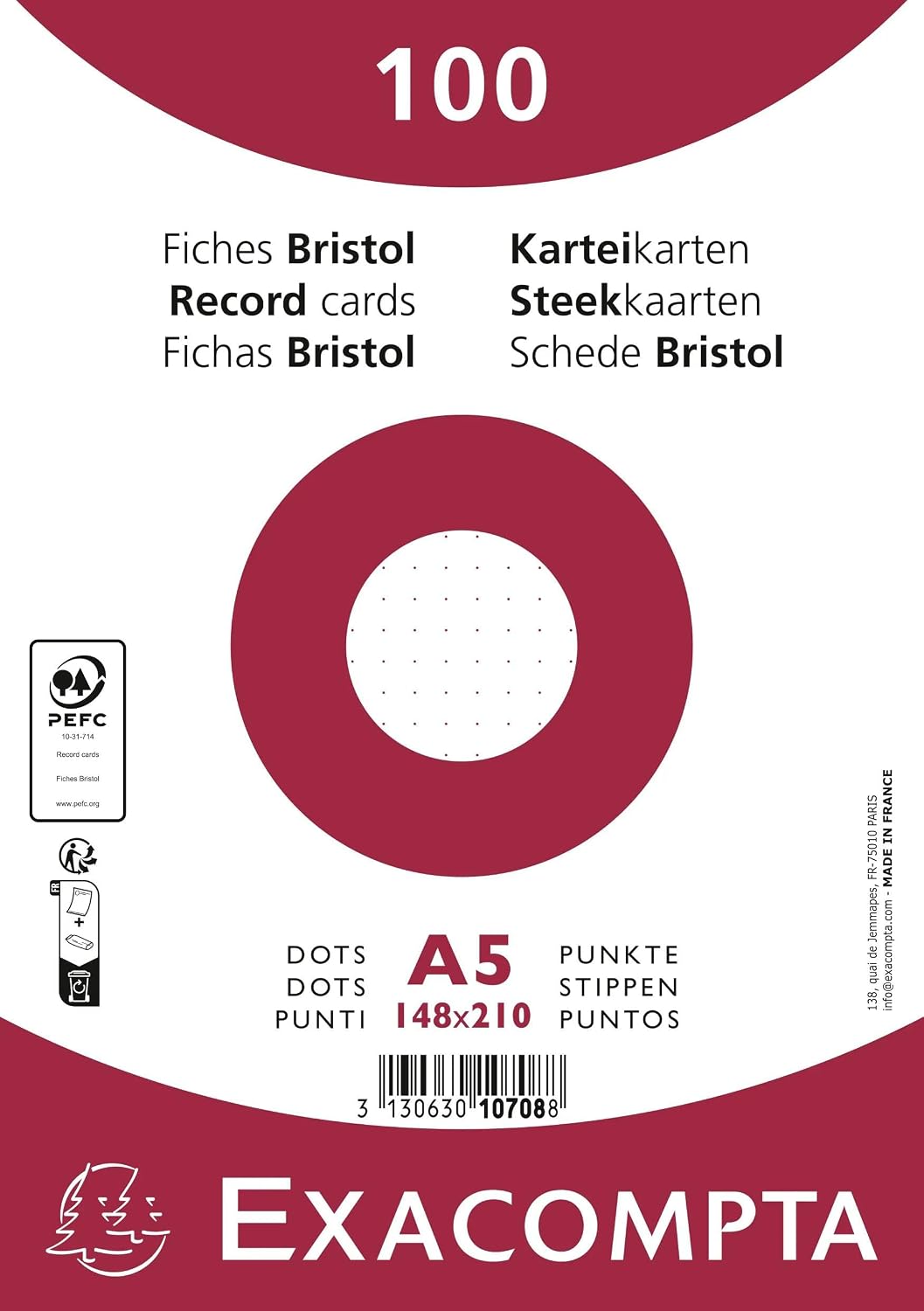 Detalle de Exacompta 10708E – Paquet de 100 fiches Bristol dots non perforé, 148 × 210 mm, papier Clairefontaine certifié PEFC