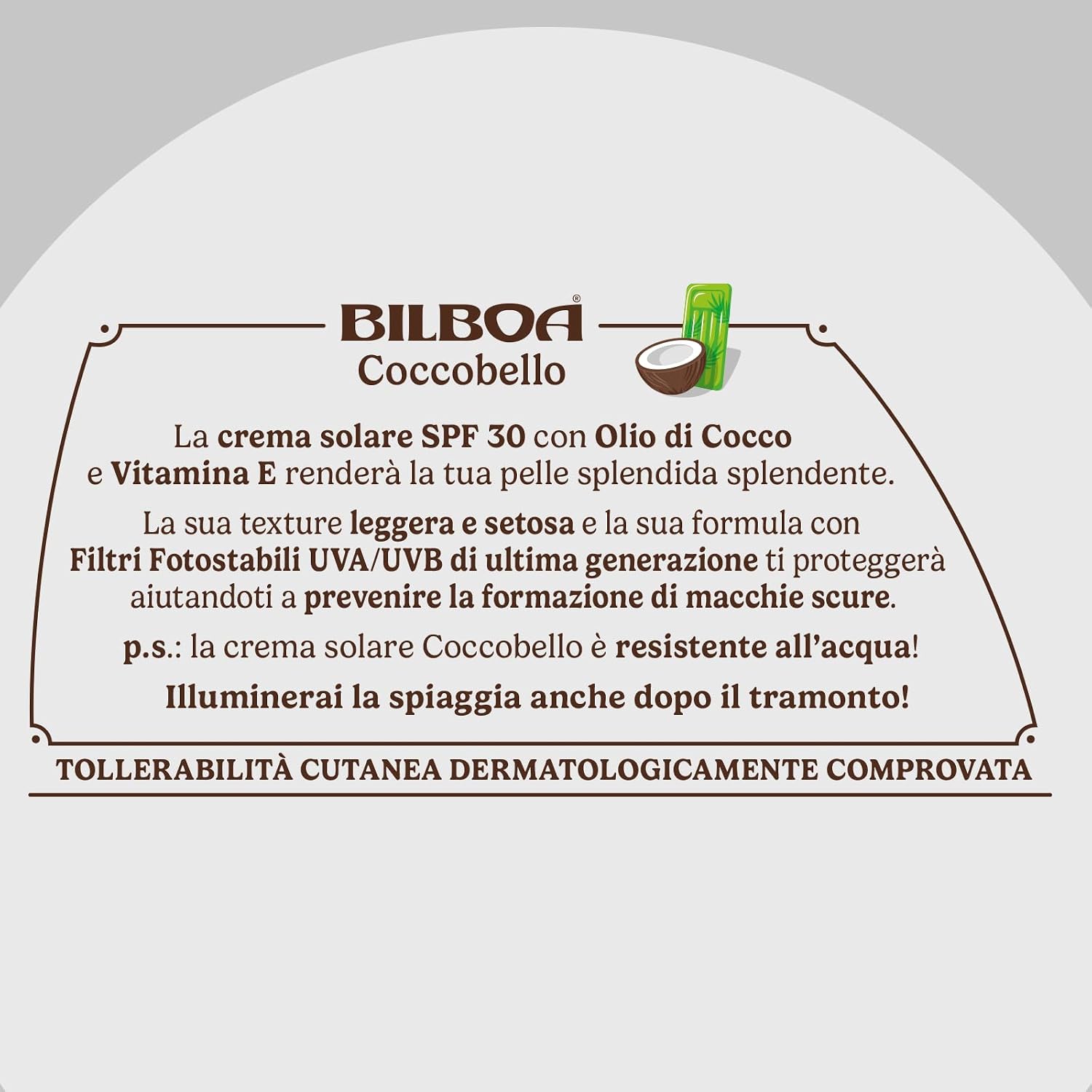 Detalle de Bilboa Coccobello Trigger Solare SPF 30 con olio di cocco, resistente all’acqua, 250 ml