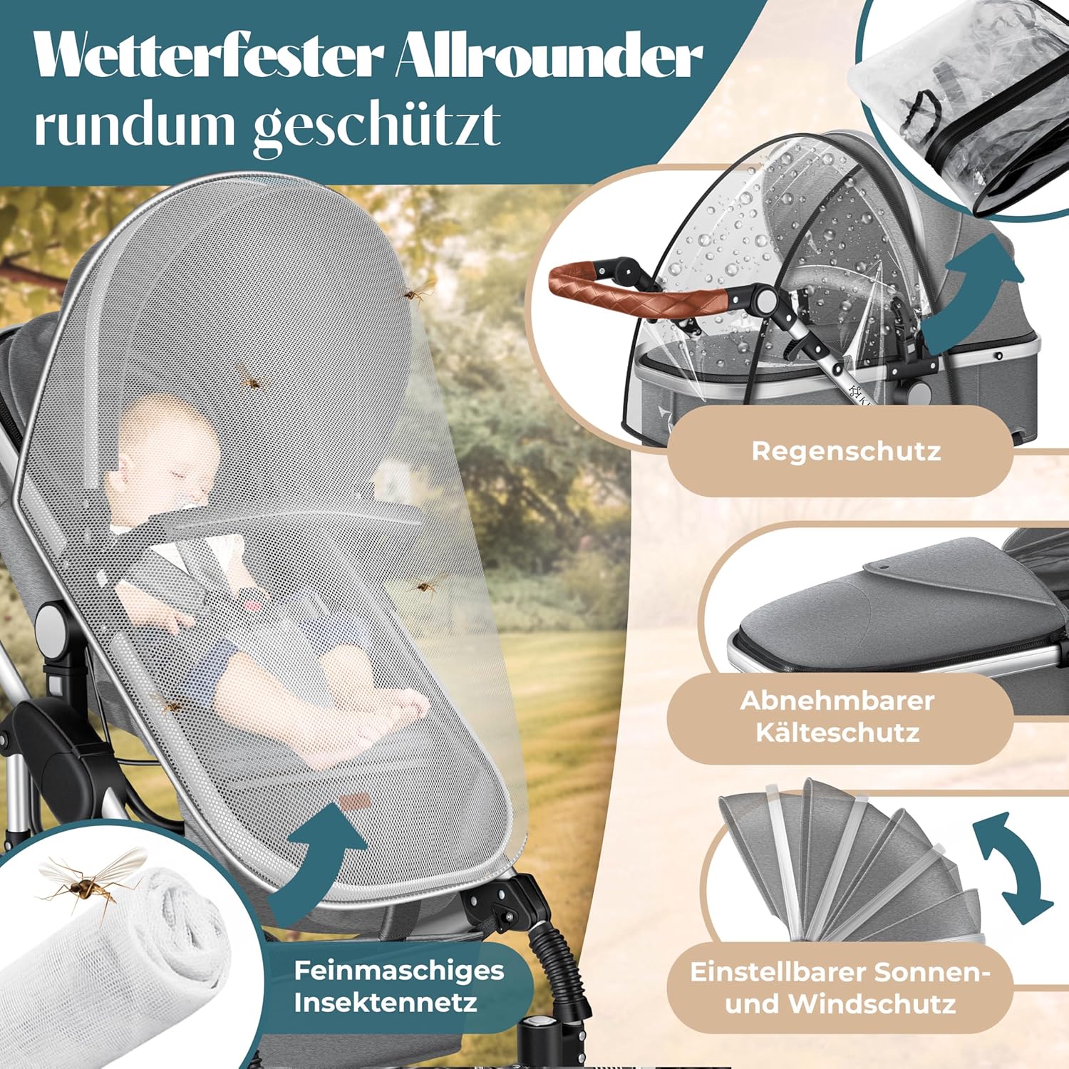 Thumbnail 4 de KESSER® Loops 4 in 1 – Komplett-Set: Kombikinderwagen mit Babywanne, Buggy Sportsitz, Auto-Babyschale, Regenhaube und Wickeltasche