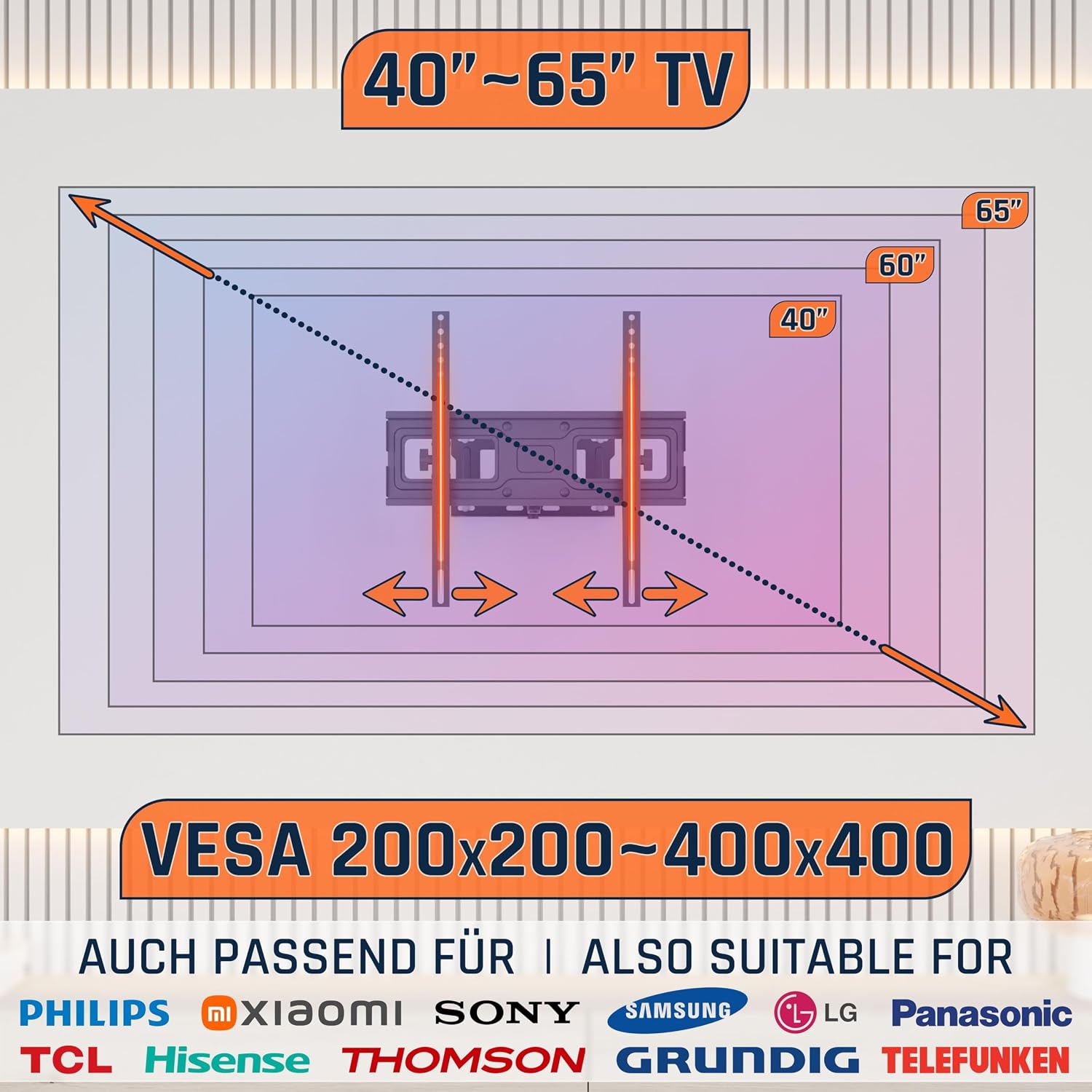 Thumbnail 6 de Support mural TV RICOO S6144 – 40–65'', VESA 200x200 à 400x400, orientable et inclinable