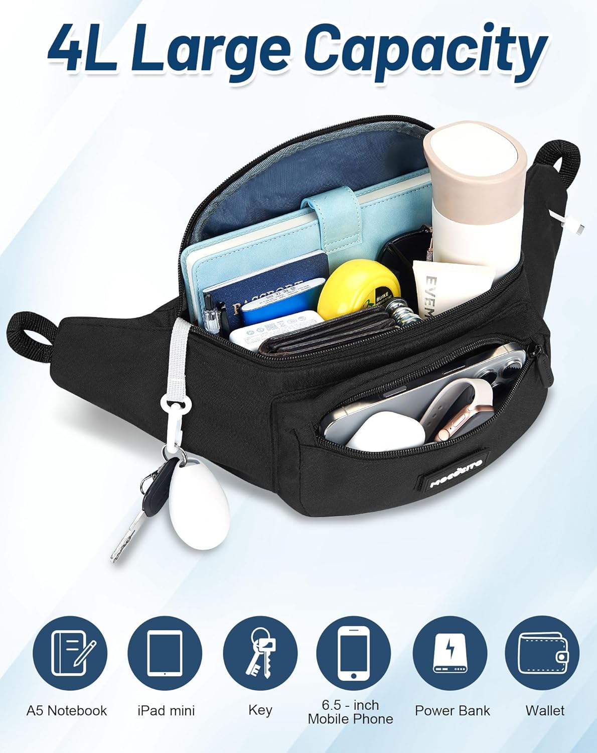 Detalle de MOCOCITO Grande Banane Homme & Femme — Sac banane imperméable avec housse de pluie intégrée, 52–152 cm, porte-bouteille 1L, idéal vélo et trekking