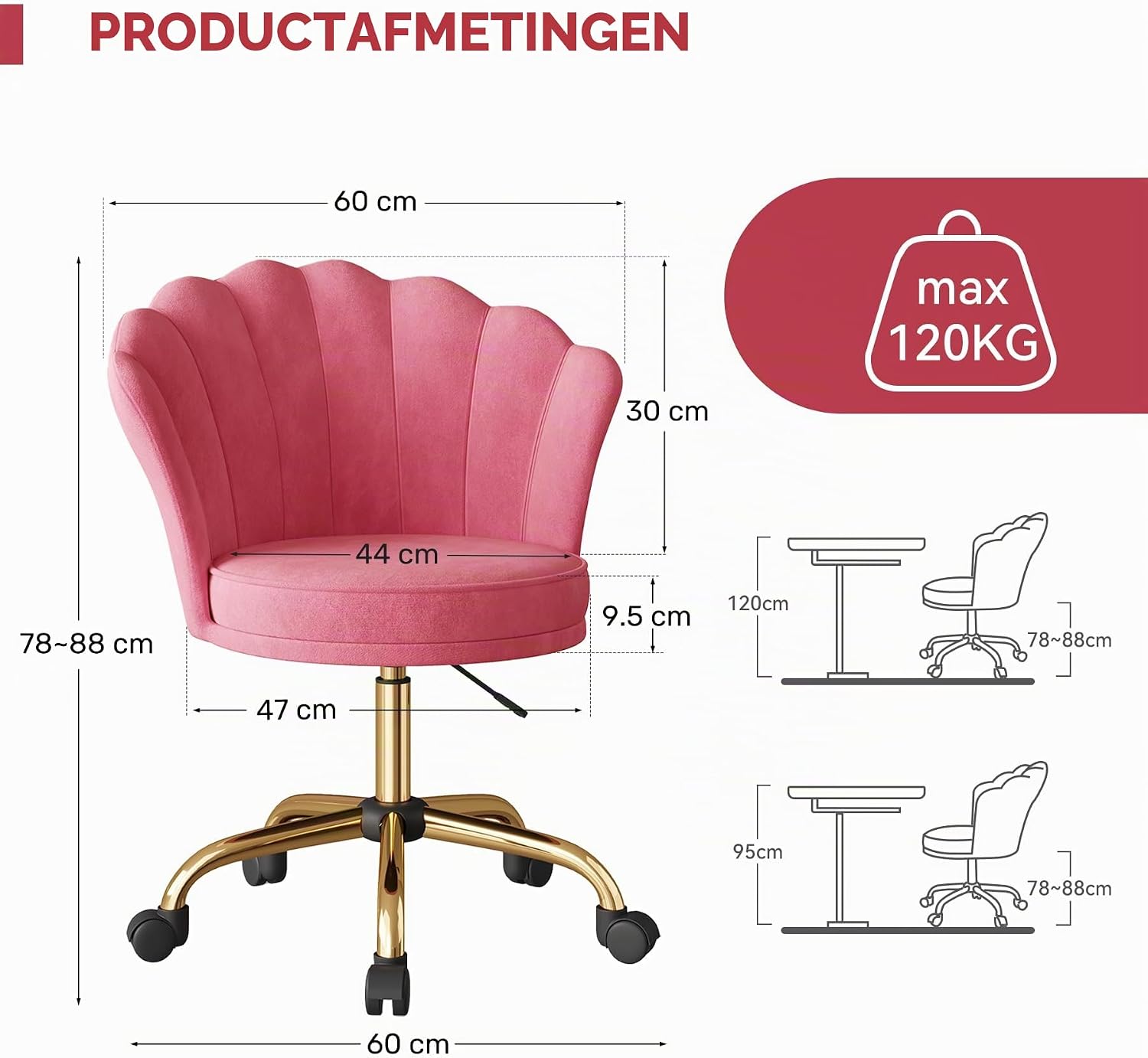 Detalle 2 de Aivermeil XFU01157 bureaustoel en make-upstoel van fluweel, draaibaar en verstelbaar