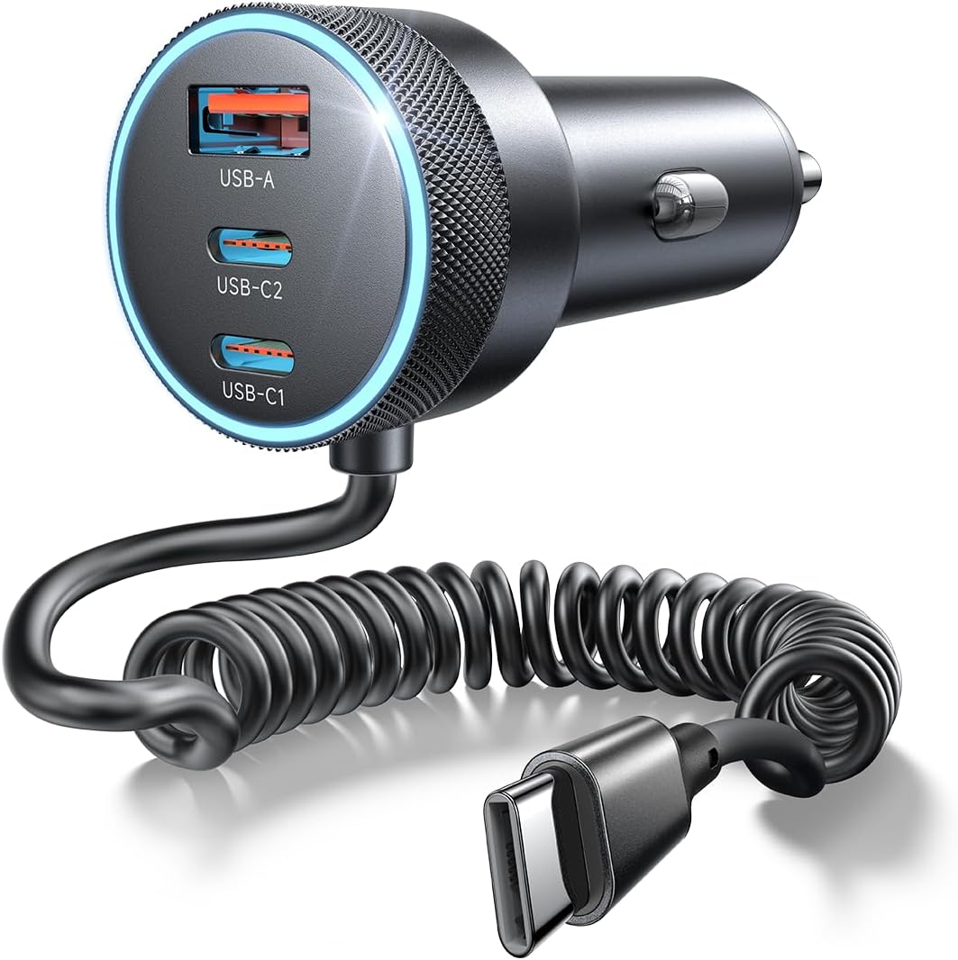 Detalle de LISEN 90W USB-C Auto-Ladegerät Zigarettenanzünder mit 45W Spiralkabel – 4 Ports, sicher und ordentlich