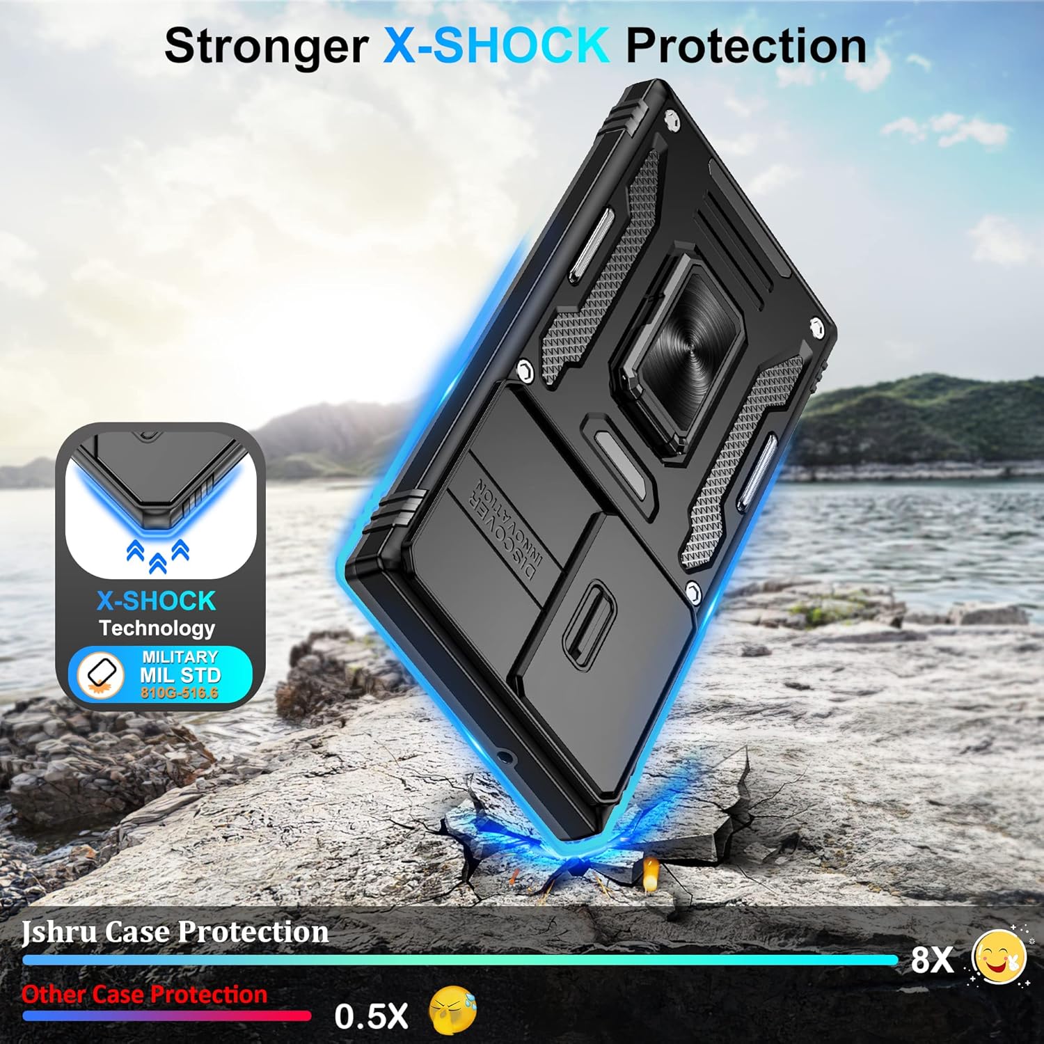 Thumbnail 2 de Jshru shockproof case for Samsung Galaxy S23 Ultra 5G with sliding camera cover and ring kickstand (Black)
