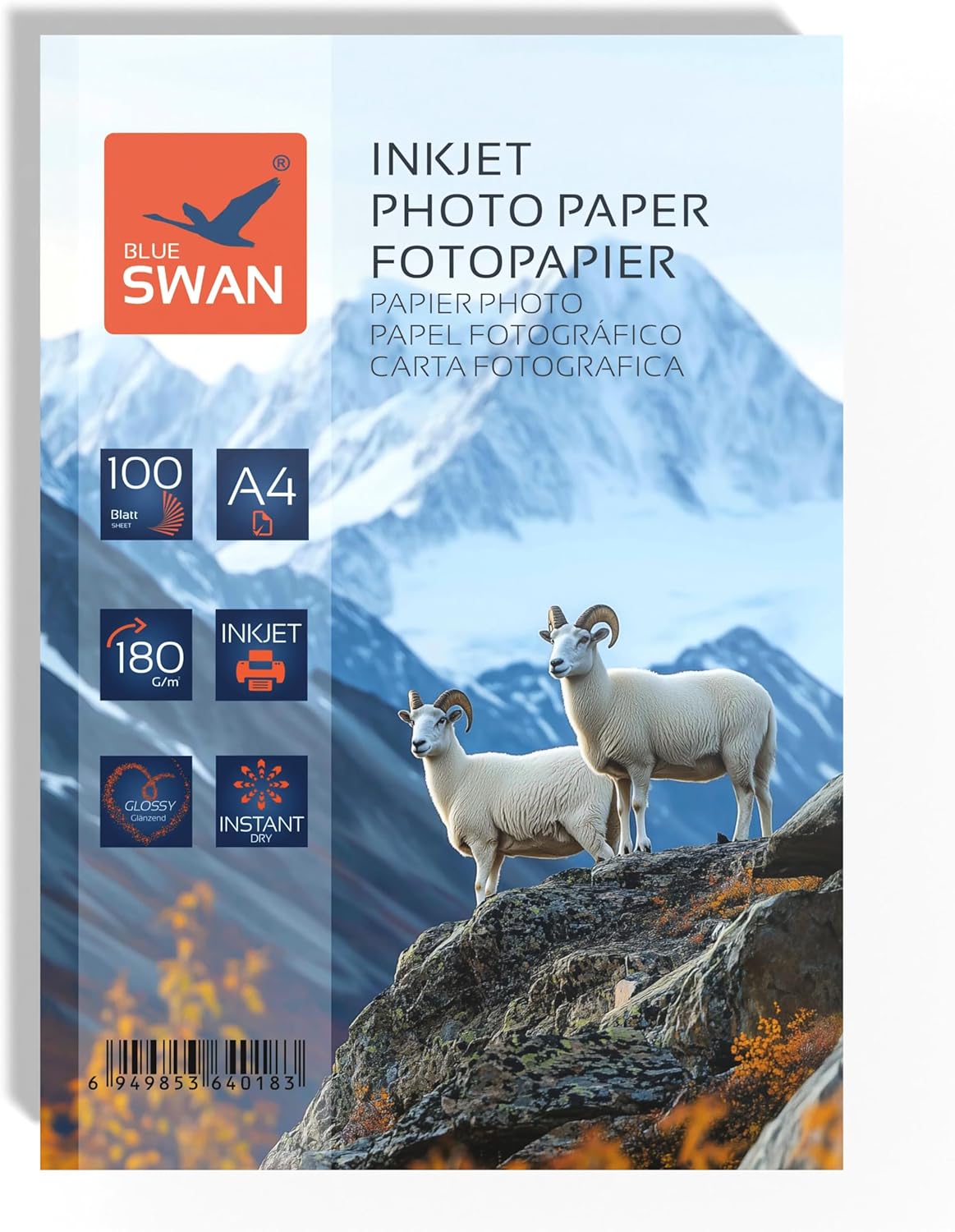 BLUE SWAN Papier Photo Brillant A4 180 g/m² – 100 feuilles, séchage rapide et résistant à l’eau