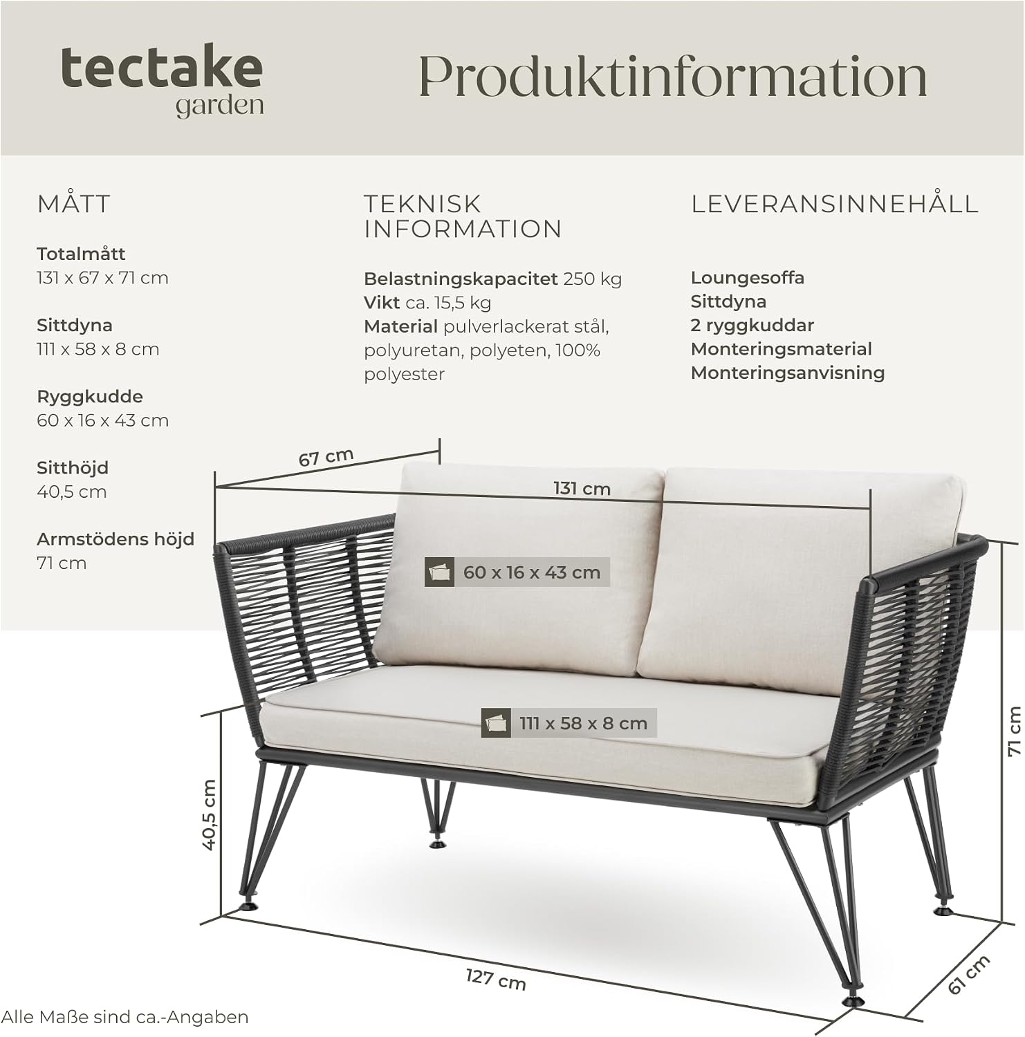 Detalle 2 de tectake 405464 loungesoffa i konstrotting med armstöd och tjocka dynor