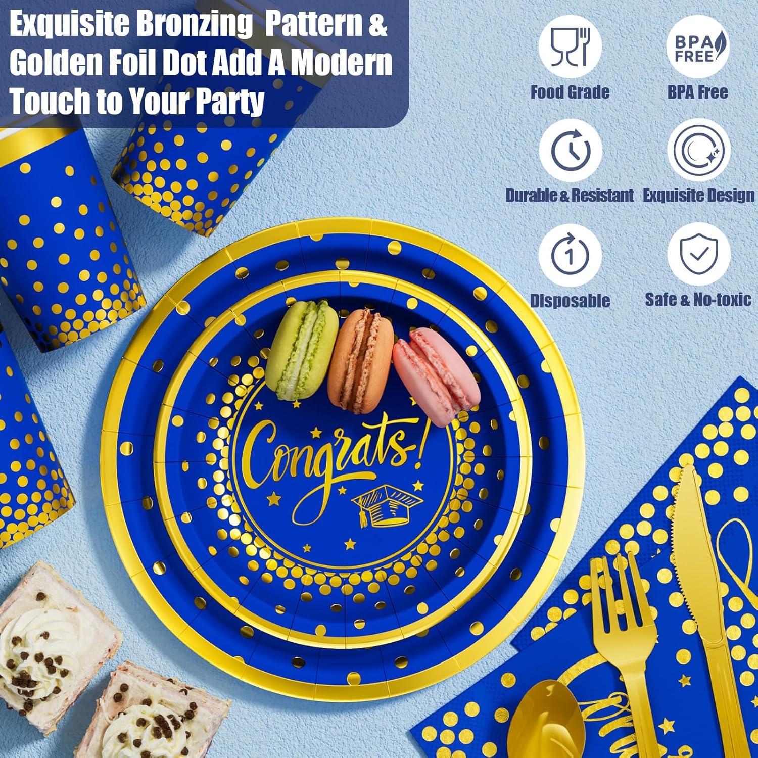 Thumbnail 3 de Ecomore 2026 Graduation Party Decoration - 350 Pcs Blue Gold Disposable Dinnerware Set for Class of 2026