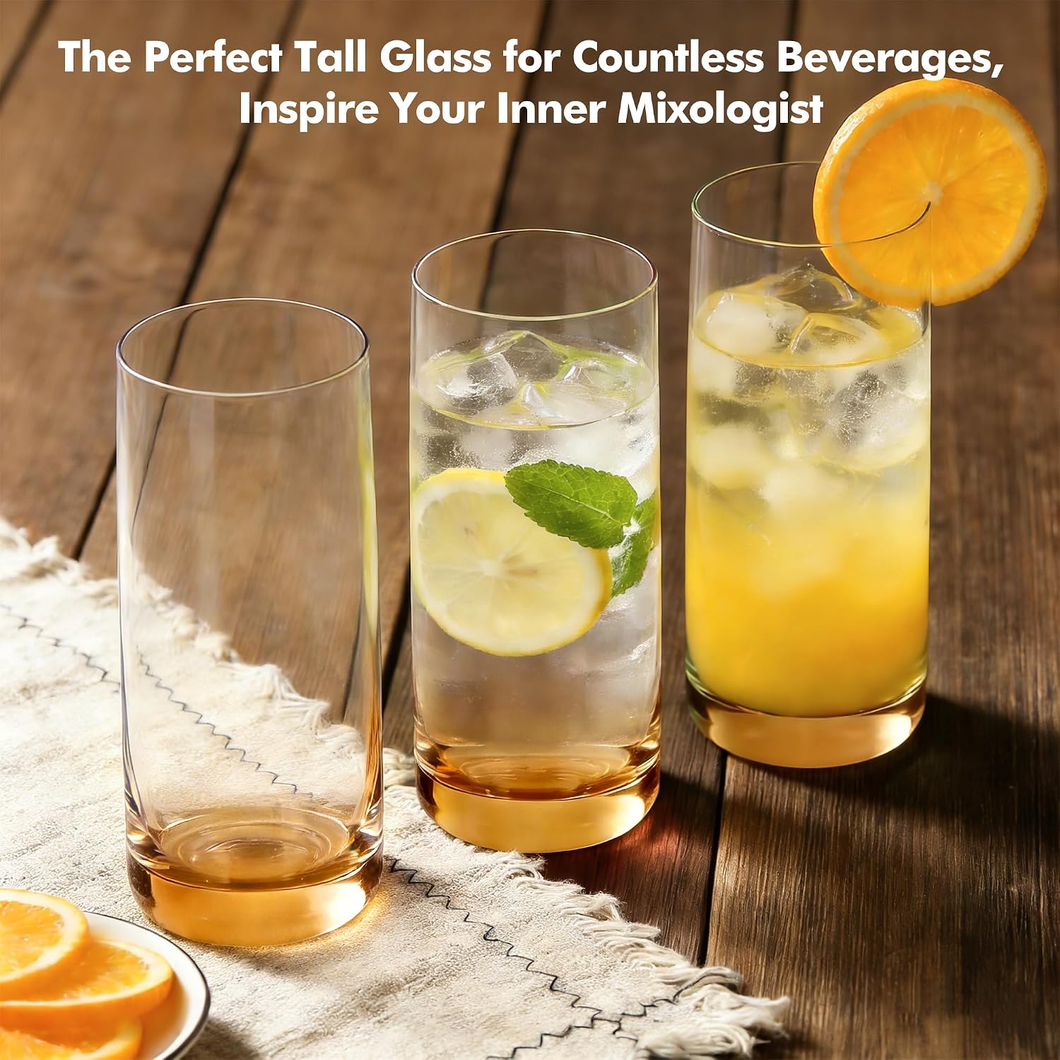 Detalle de GLAZVIA Amber Highball Glasses, Set of 6, 13oz, Dishwasher-Safe