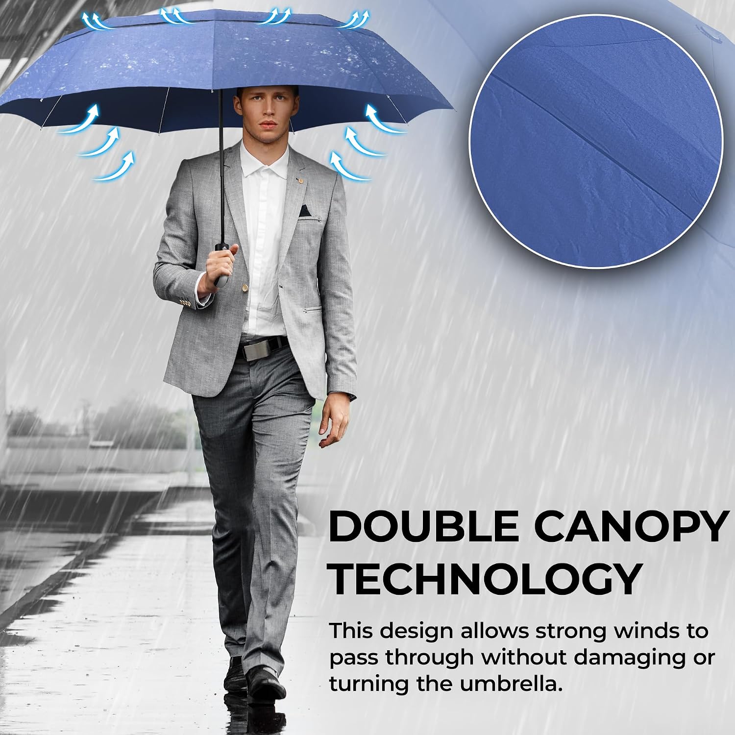 Thumbnail 1 de Umbrella Windproof Compact Automatic Double-Canopy Travel Brolly with Teflon coating (Teflon Blue) – Auto Open/Close