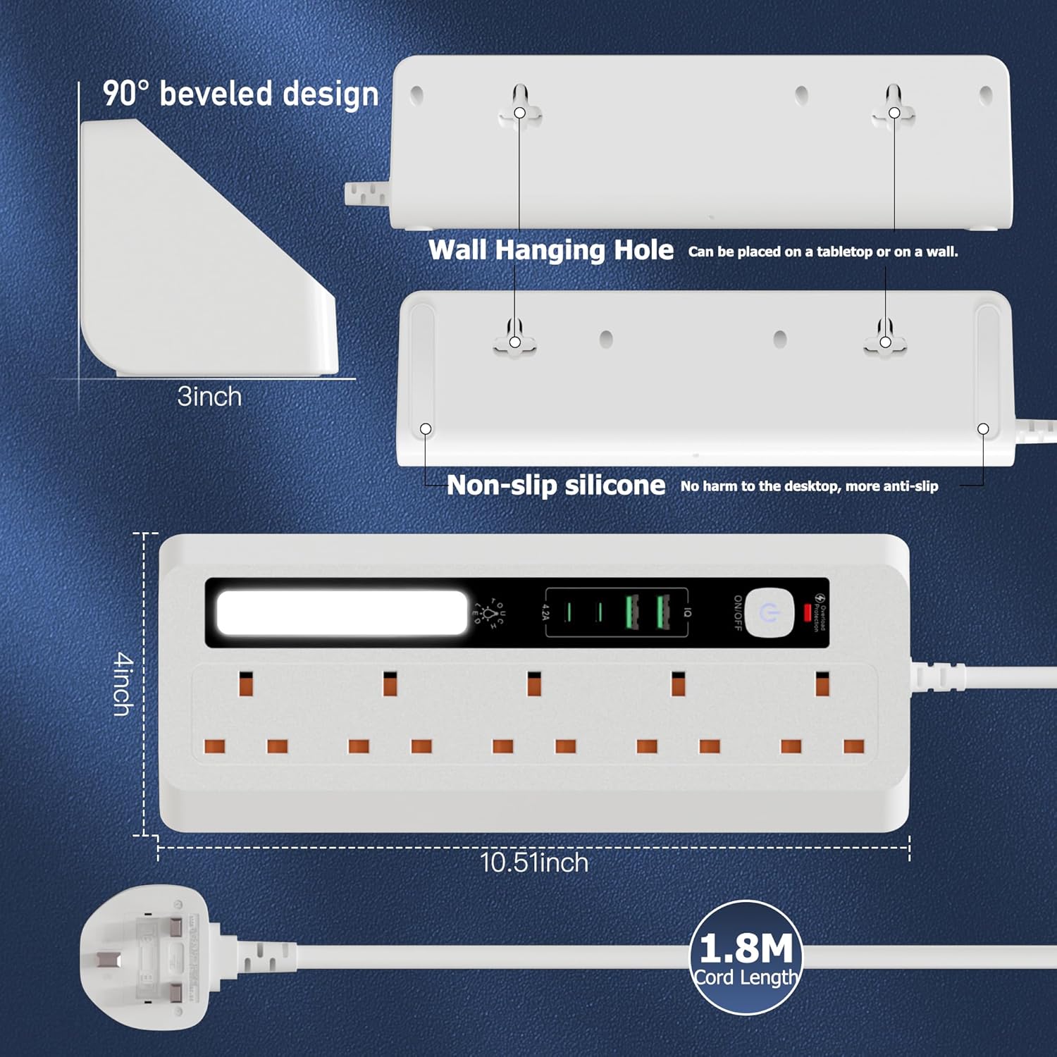 Thumbnail 6 de AUNNO Extension Lead with USB Slots (5 Ways) – 2 USB-A, 2 USB-C, 1.8m, Surge Protected with Night Light