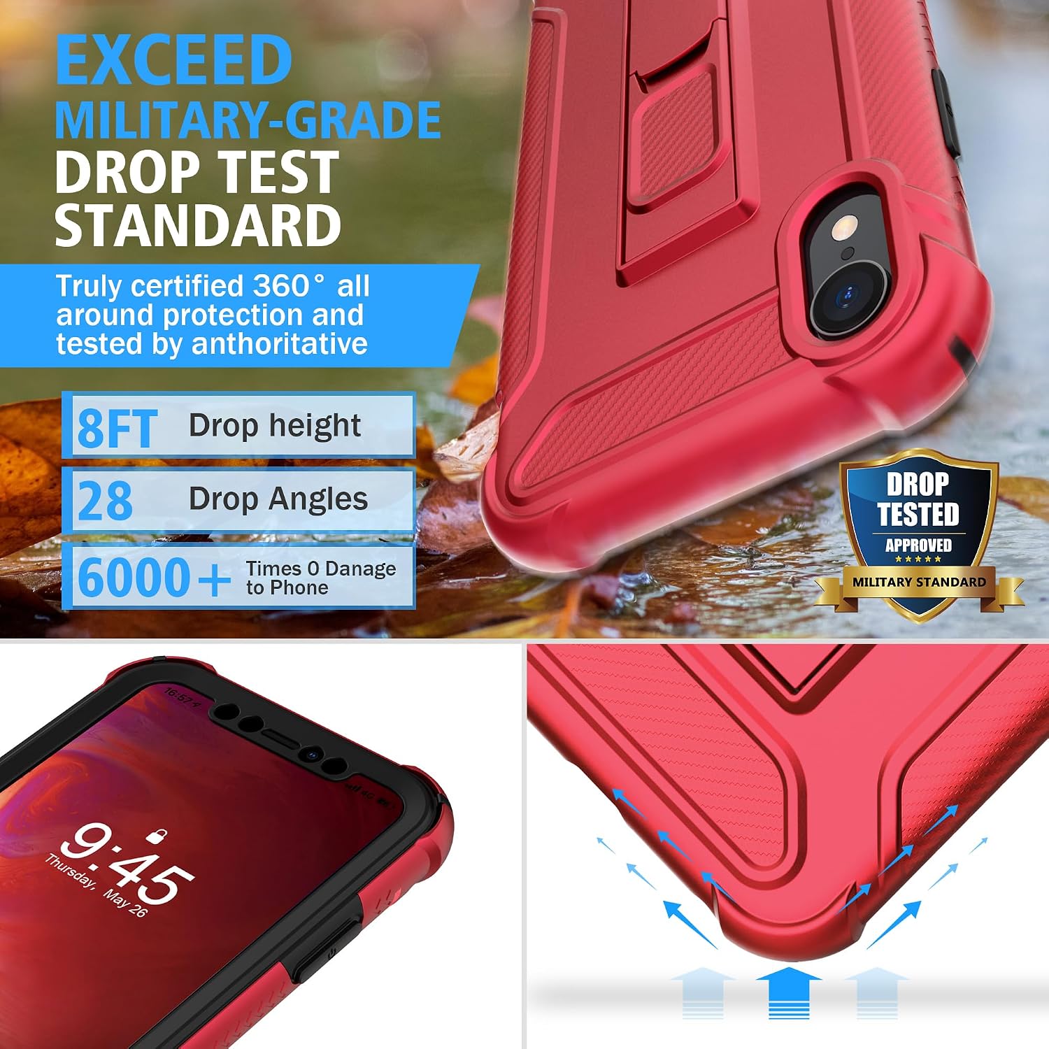 Detalle 2 de ORETECH 5-in-1 Hülle für iPhone XR (6,1") mit 2 Schutzfolien, Ständer und Vollschutz – Rot