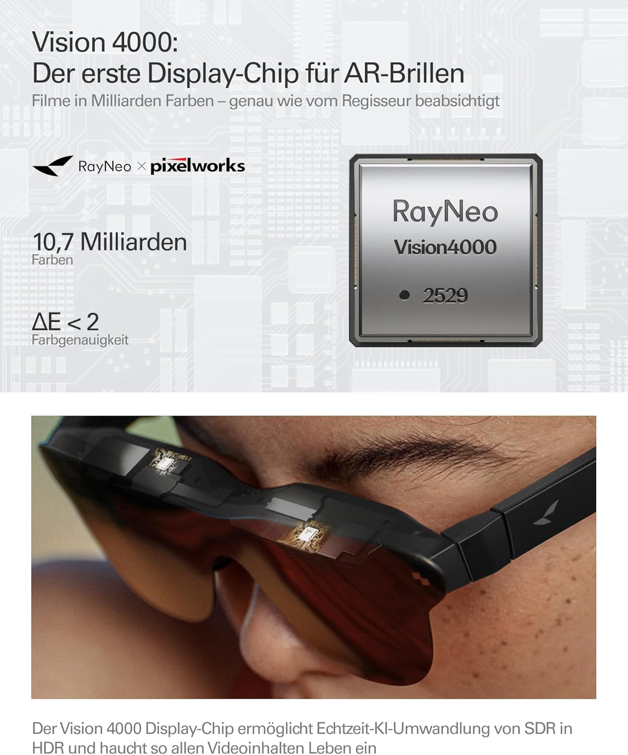 Detalle 2 de RayNeo Air 4 Pro AR/XR-Brille mit HDR10-Display und Vision 4000 Chip – 201-Zoll-virtuelles Kino für 3D-Filme & Gaming