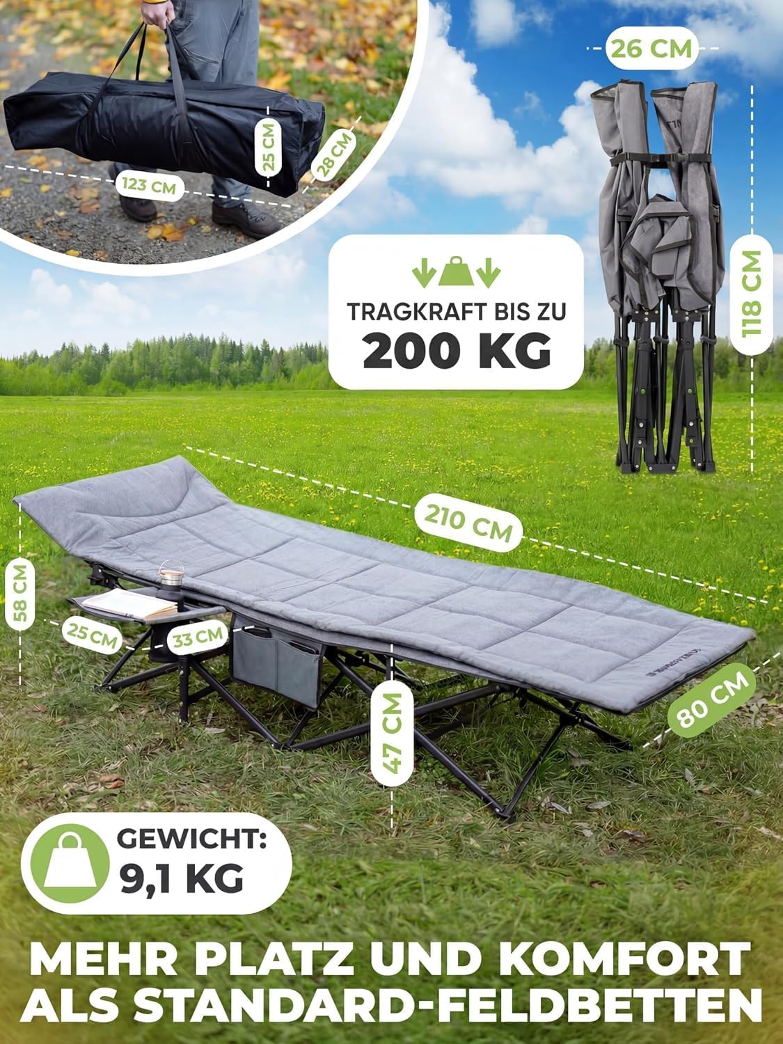 Thumbnail 6 de NORDICTRAILS Feldbett klappbar in 10 Sek aufgebaut – XXL Camping Liege, 200 cm x 80 cm, 200 kg