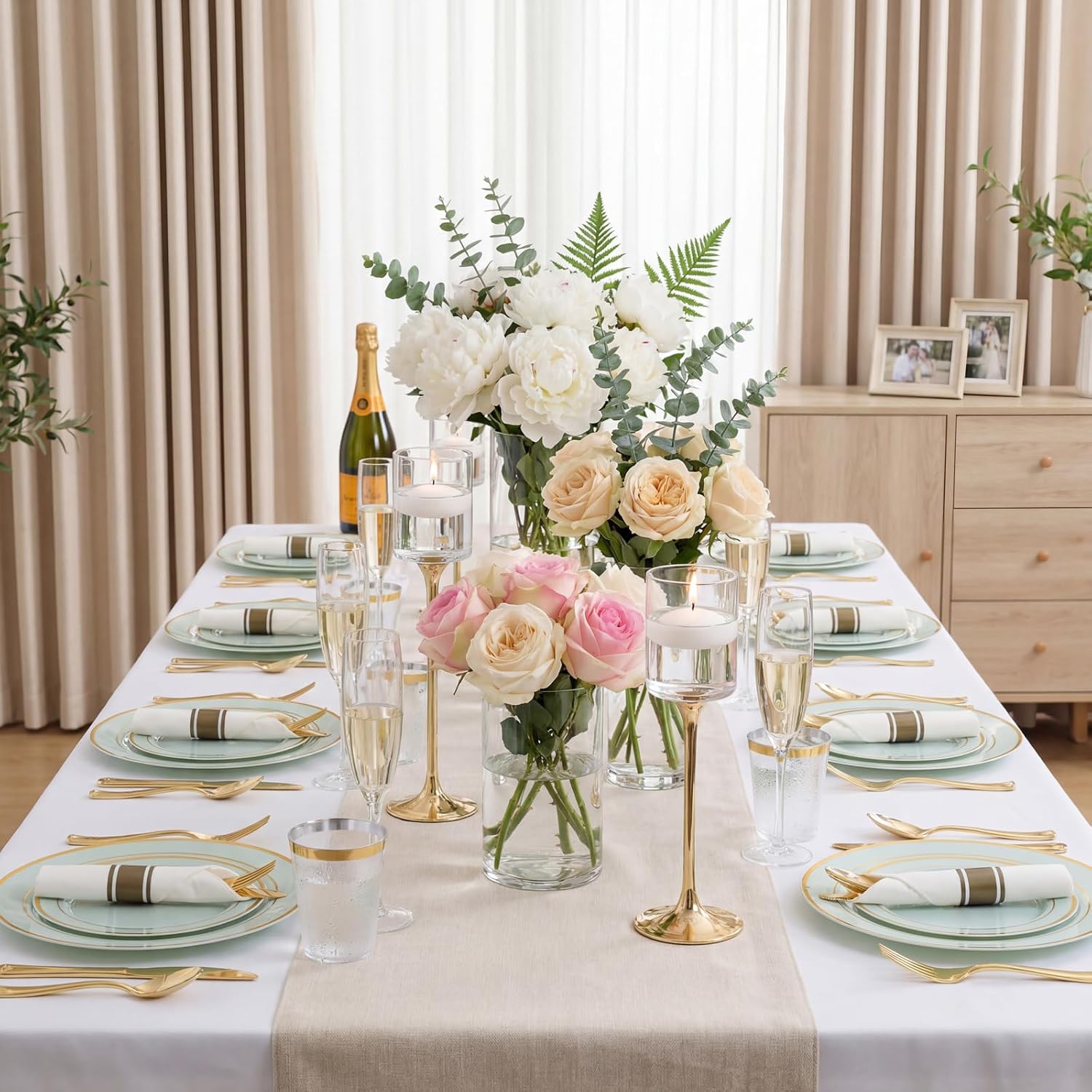 Detalle de WDF Partyware PET350 Sage Green Plastic Dinnerware Set, 175 Pieces with Gold-Rim Plates