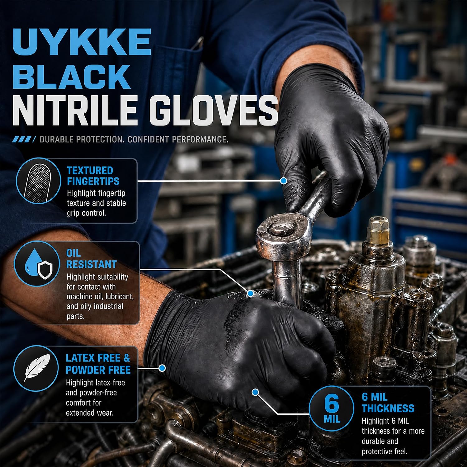 Detalle de UYKKE Heavy Duty 6 Mil Nitrile Black Gloves (1000 pcs) — Latex-free, Powder-free, Textured Tips
