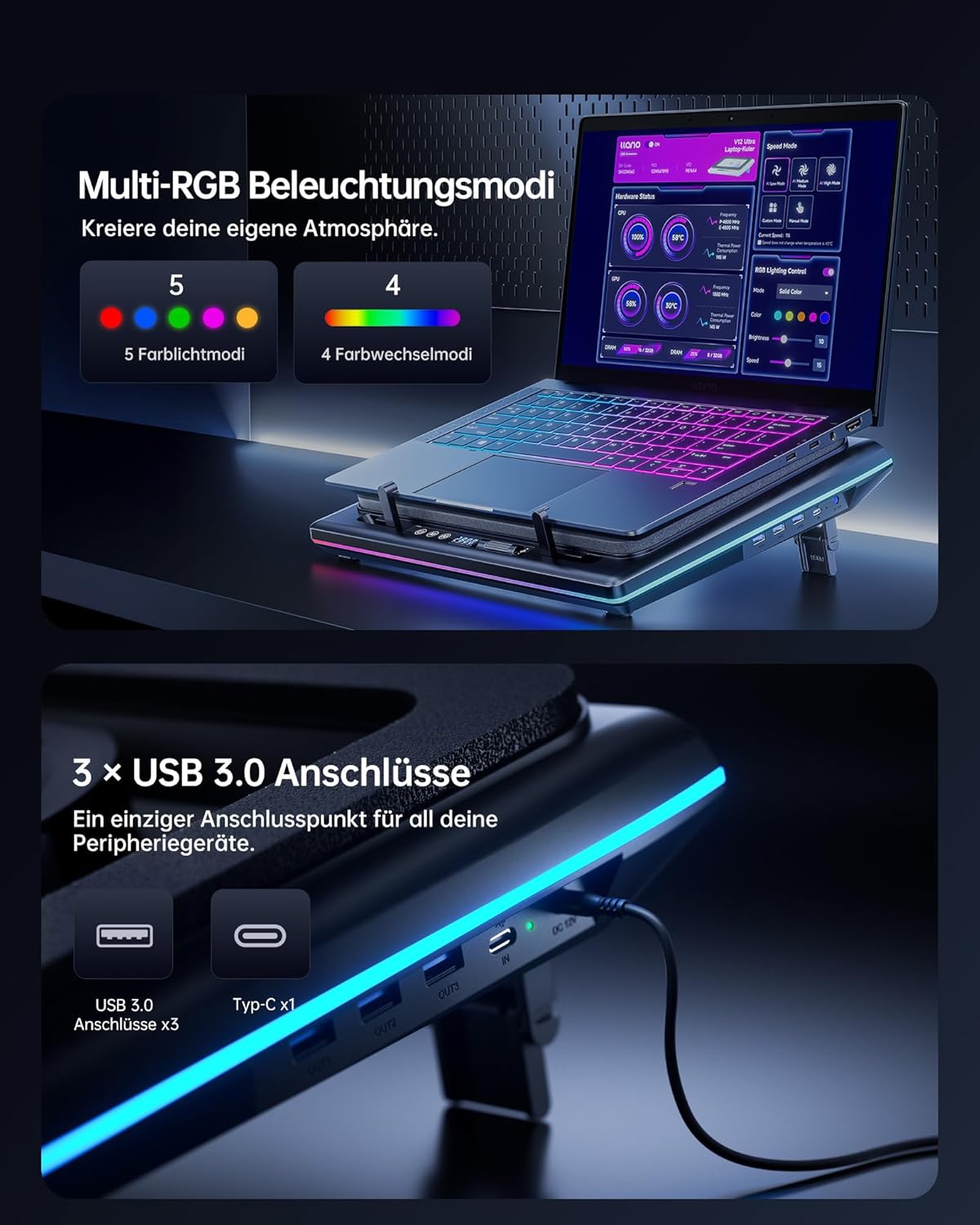Thumbnail 6 de llano V12 Ultra Laptop Cooler: Kühlpad mit Turbo-Lüfter, RGB und intelligenter Temperatursteuerung