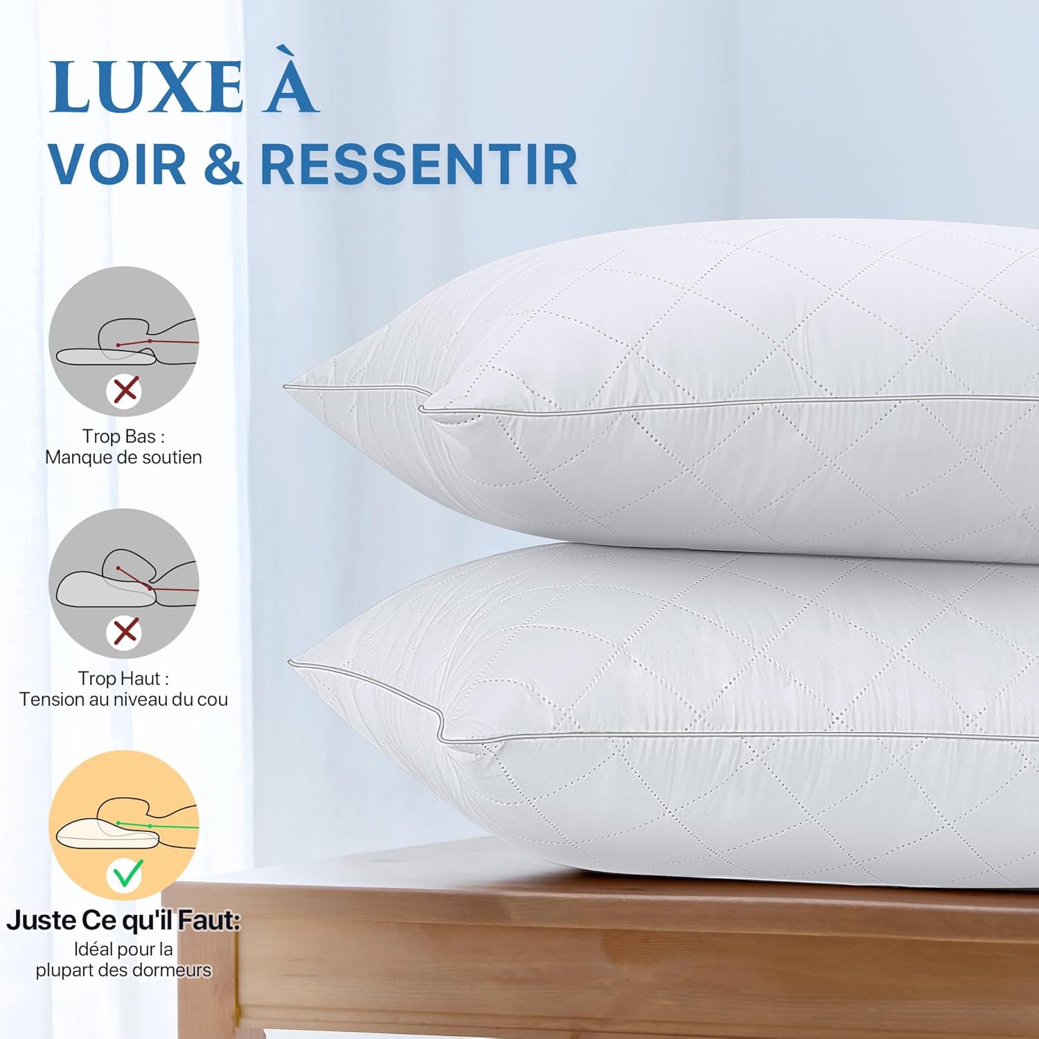 Thumbnail 4 de TESQ oreiller 65x65 cm (lot de 2) – confort moelleux, respirant et hypoallergénique certifié Oeko-TEX