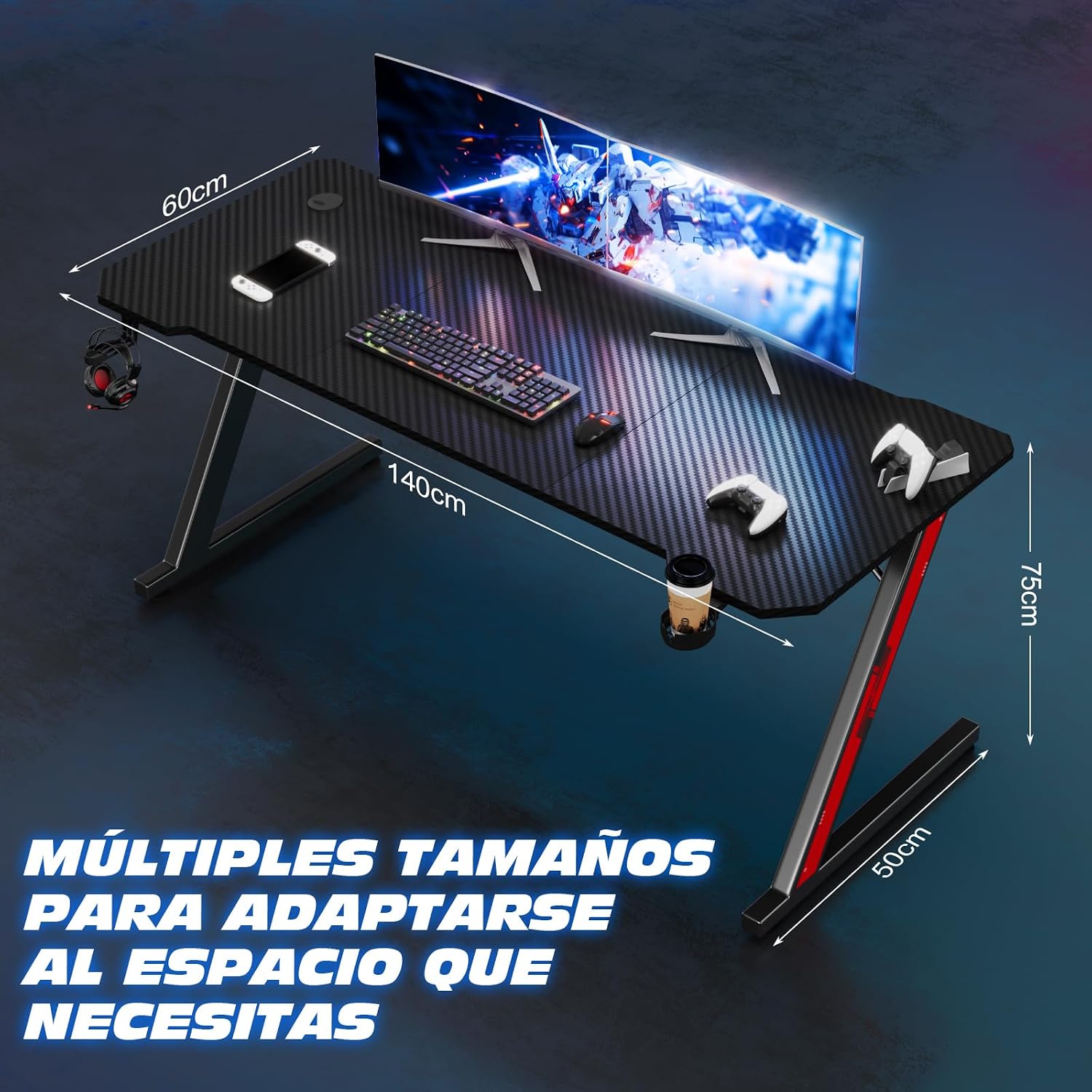 Thumbnail 2 de TRIUMPHKEY Mesa Gaming Z 140x60cm con Portavasos y Ganchos