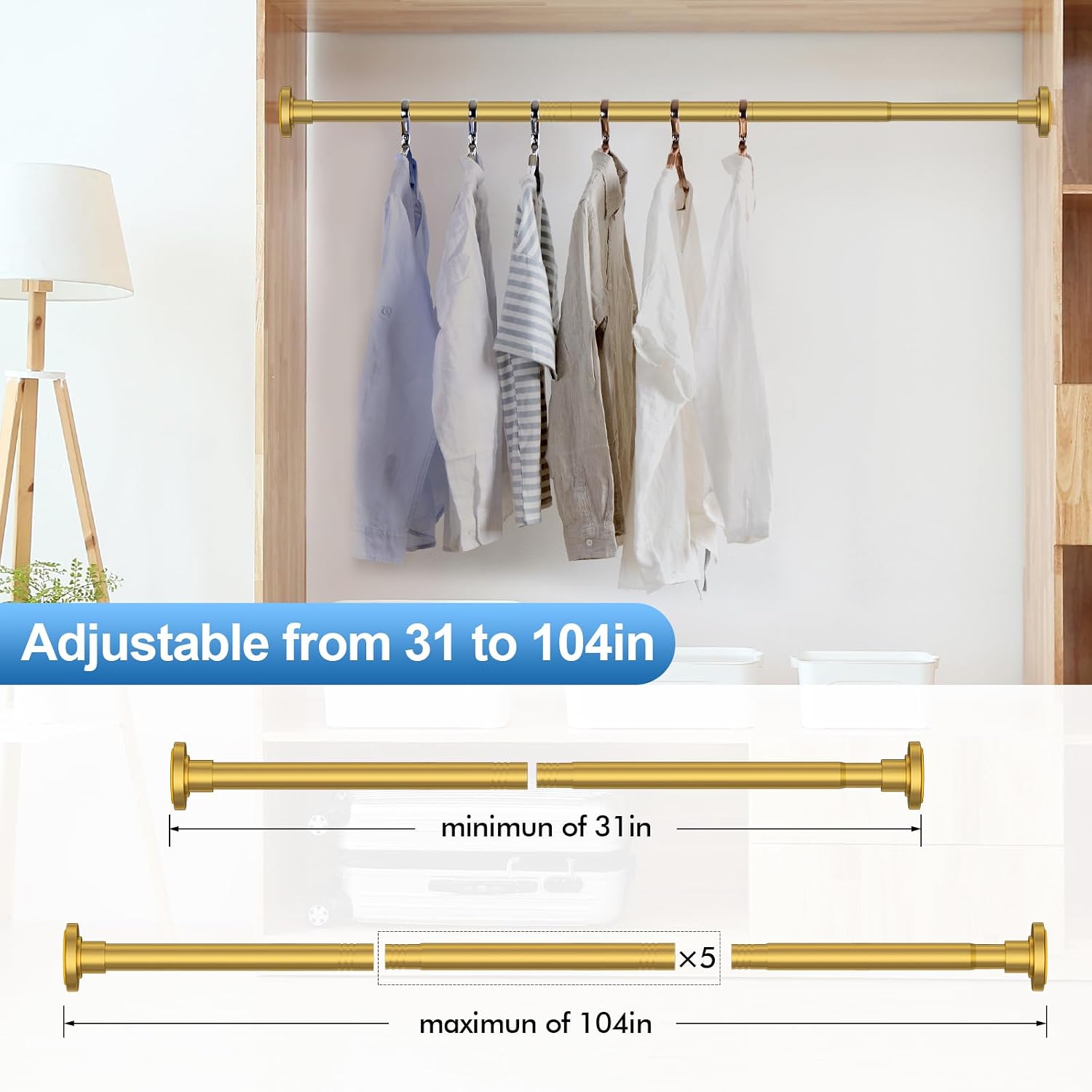 Thumbnail 3 de CorkLatta Y003 Gold Shower Curtain Rod, Adjustable 31–104 Inches