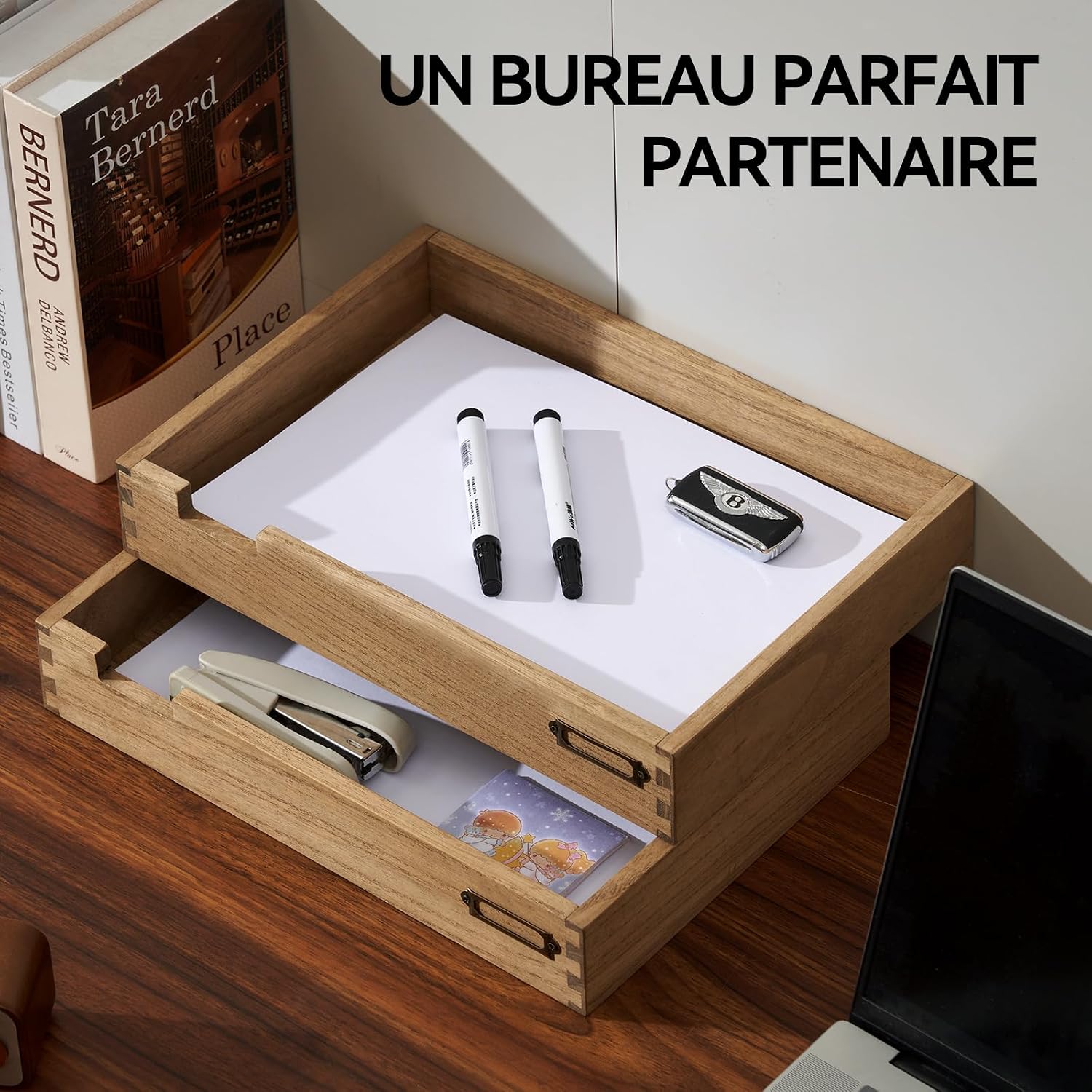 Detalle 2 de KIRIGEN stapelbare houten bureau-organizers, set van 2 met metalen labelhouders