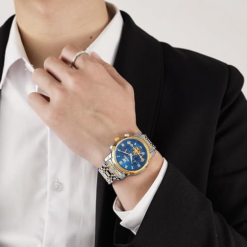 Detalle 2 de OLEVS Men's Two-Tone Stainless Steel Quartz Watch with Moon Phase and Luminous Hands