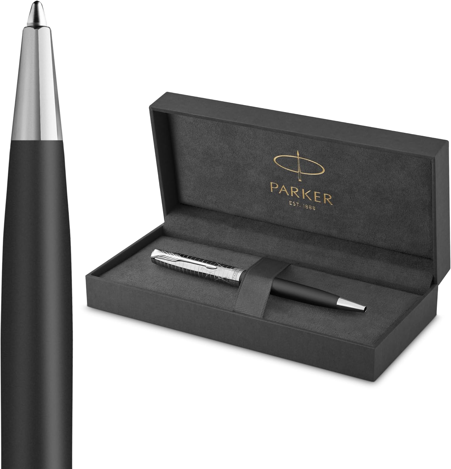 Detalle de Parker Sonnet Legacy of Flight balpen met chromen afwerking, medium punt en zwarte inkt