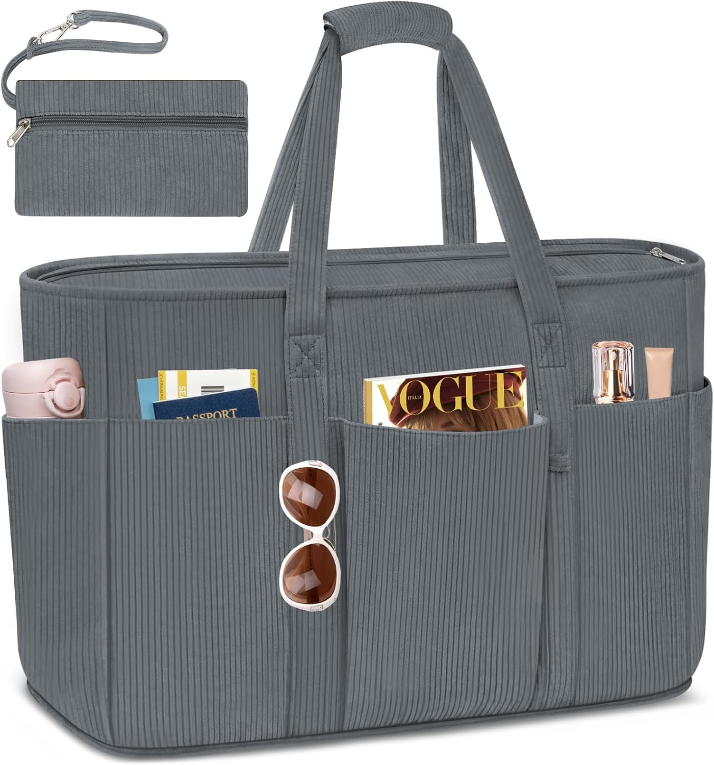 Detalle de TEUEN Große Strandtasche mit Reißverschluss, 45L – XXL Tote Bag aus Cordvelours für Strand, Einkauf und Alltag