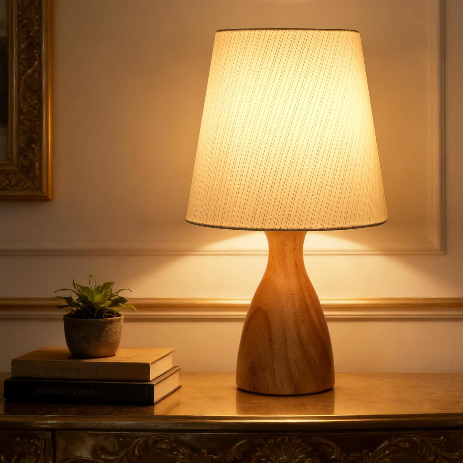 Detalle de Aukimo Wood Bedside Table Lamp with White Linen Shade (Gold Stripe) – 12.6 Inch, LED Bulb Included