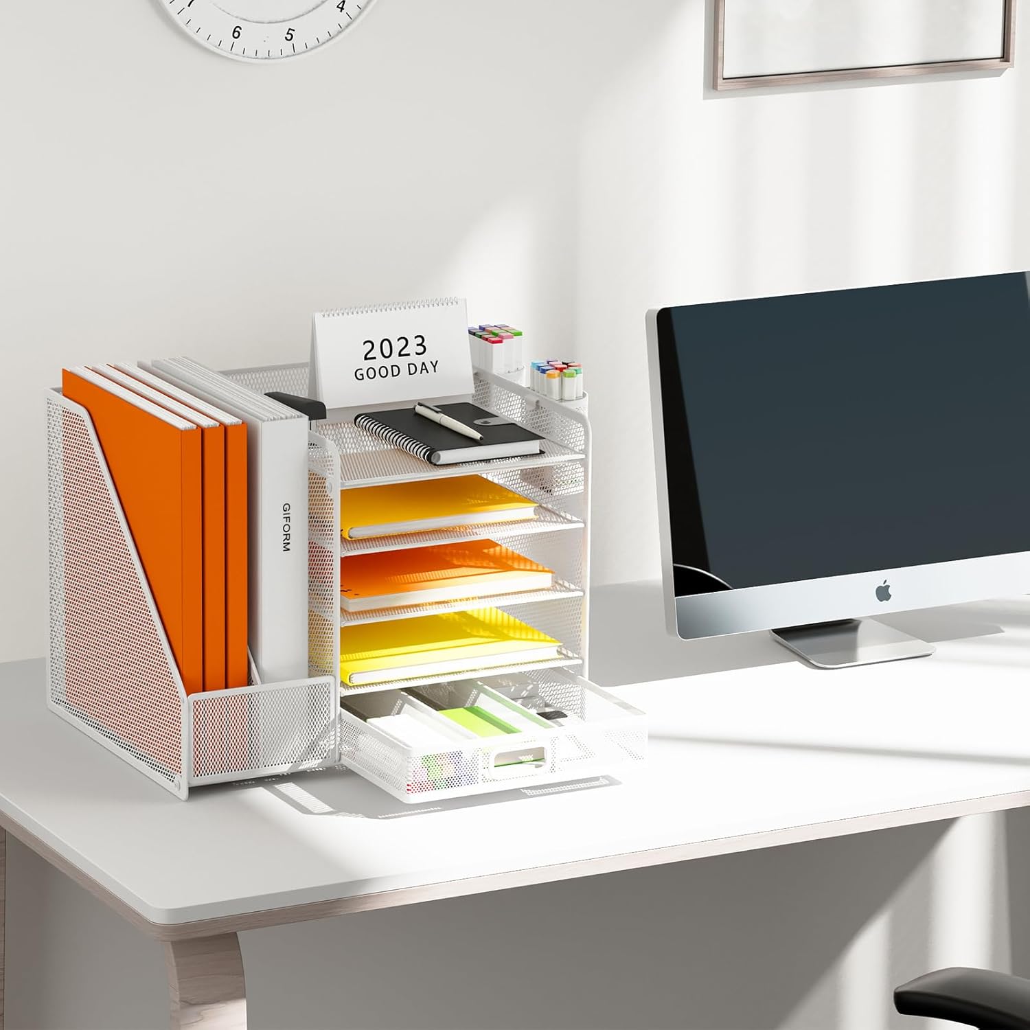 Thumbnail 4 de Restorgan Schreibtisch Organizer mit Aktenhalter – 5-stufiger Papier Organizer mit Schublade und Stifthaltern (weiß)