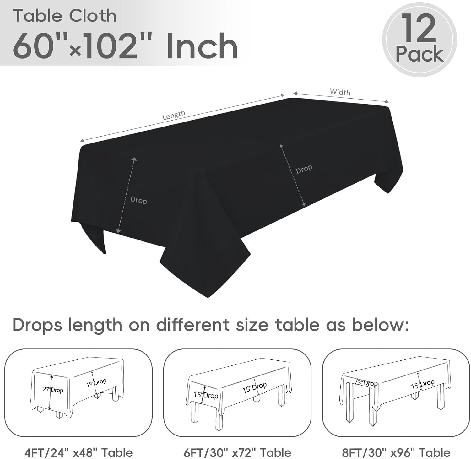 Detalle 1 de RestfulGlow 12 Pack Black Tablecloth 60x102