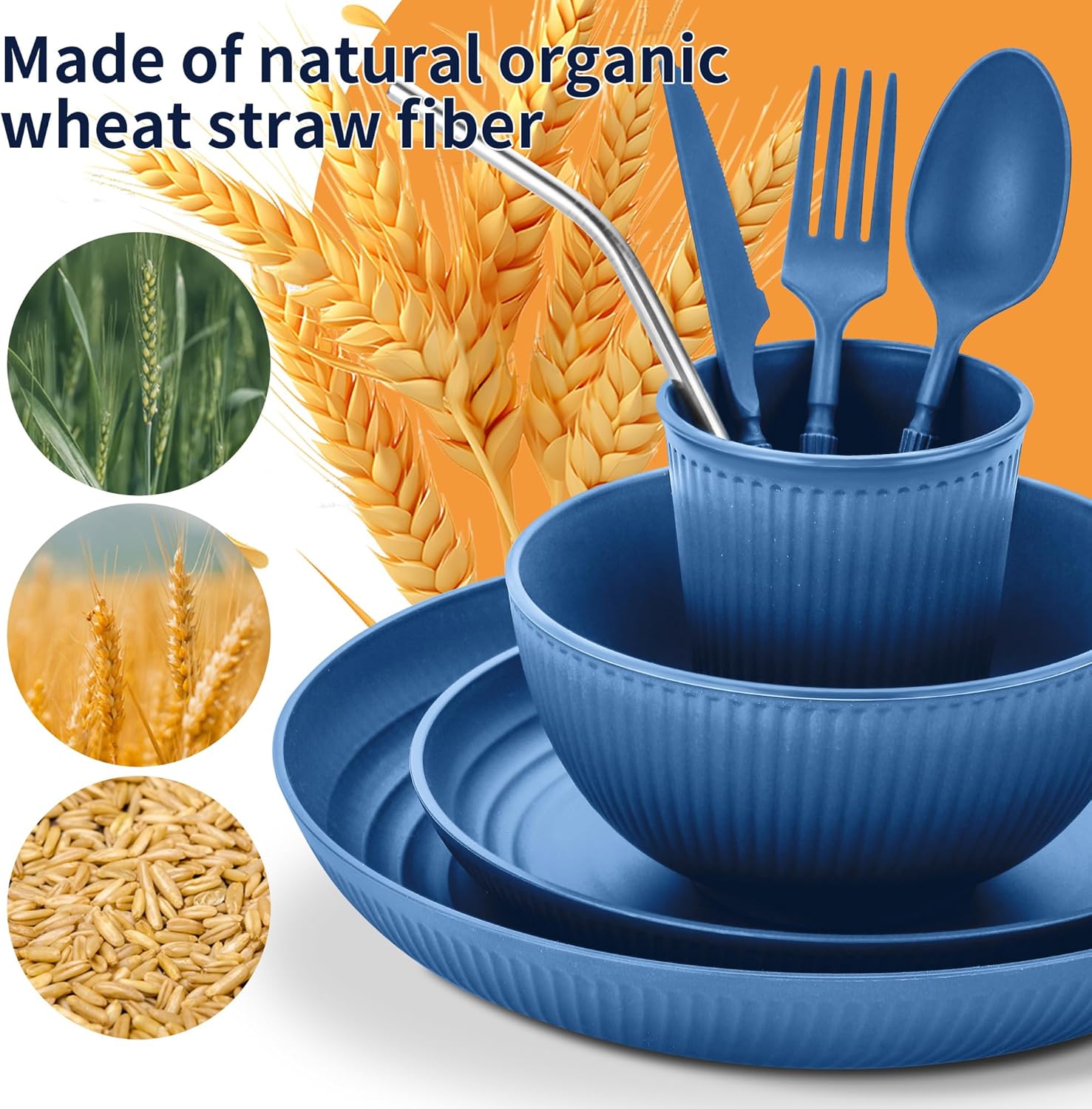 Detalle 2 de Wheat Straw Dinnerware Sets, 64-Piece Unbreakable BPA-Free Plastic Kitchen Set for 8