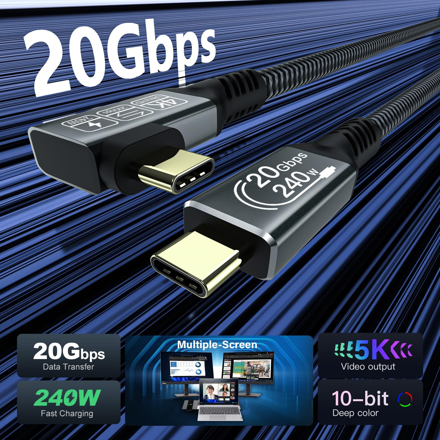 Thumbnail 1 de CAKOBLE 5m Right Angle USB-C 3.2 Cable (20Gbps, 240W PD 3.1, 4K/144Hz and up to 5K display output)