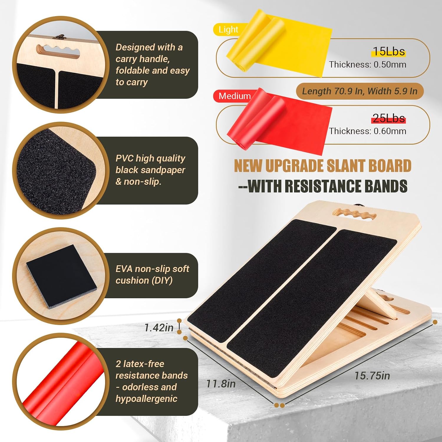 Detalle de ODCPN slant-001 Wooden Calf Stretch Board, 5 Angles and Resistance Bands