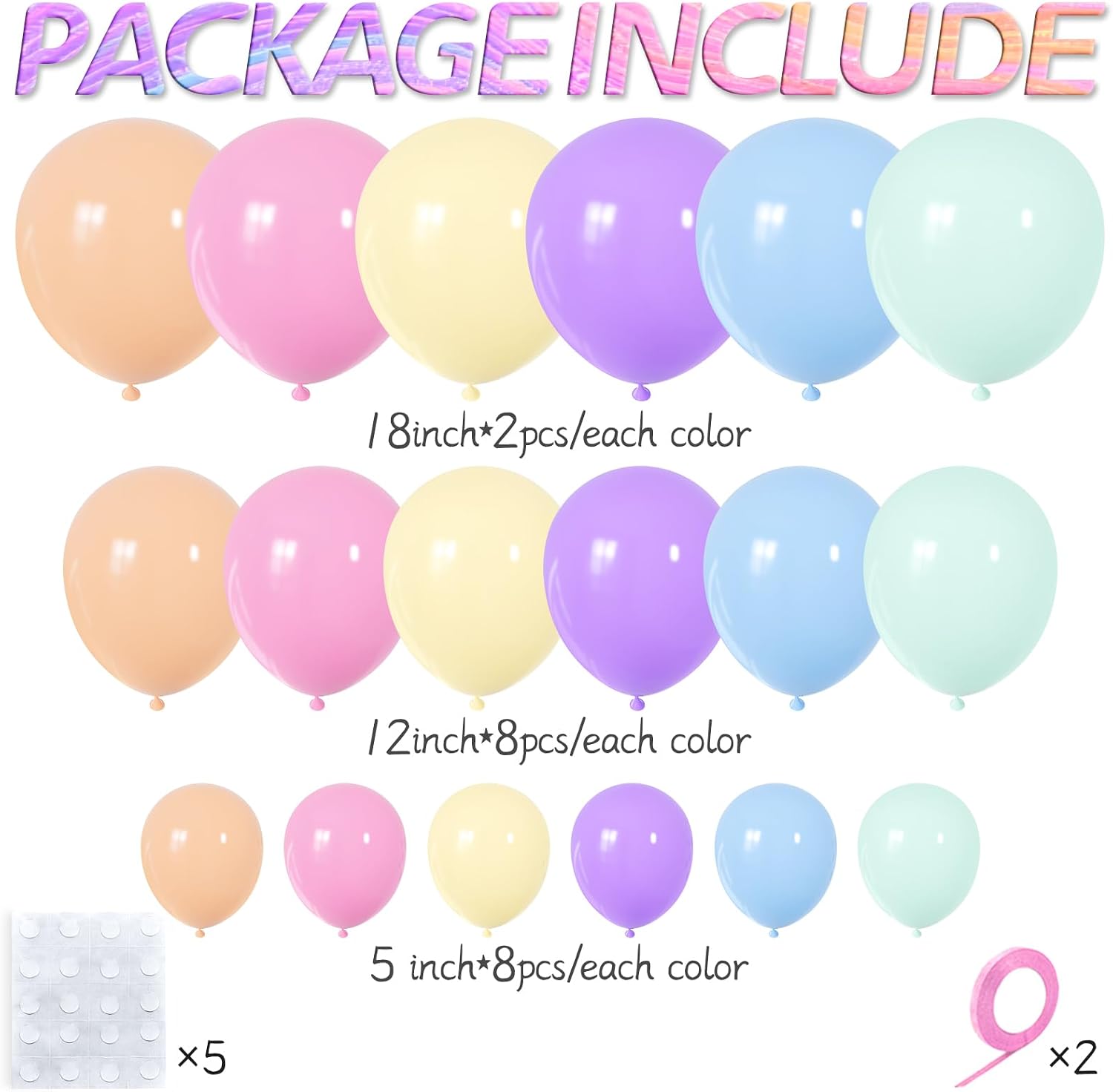 Detalle 2 de Rainbow Pastel Balloons Arch Garland Kit (Latex, Assorted Sizes) — 114-Piece Party Decoration Set