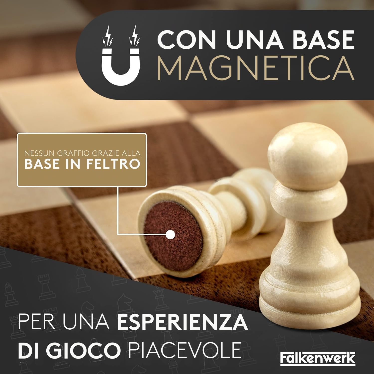 Thumbnail 2 de FALKENWERK Scacchiera magnetica in legno [38x38 cm] — artigianale, pieghevole con manico e magneti in feltro