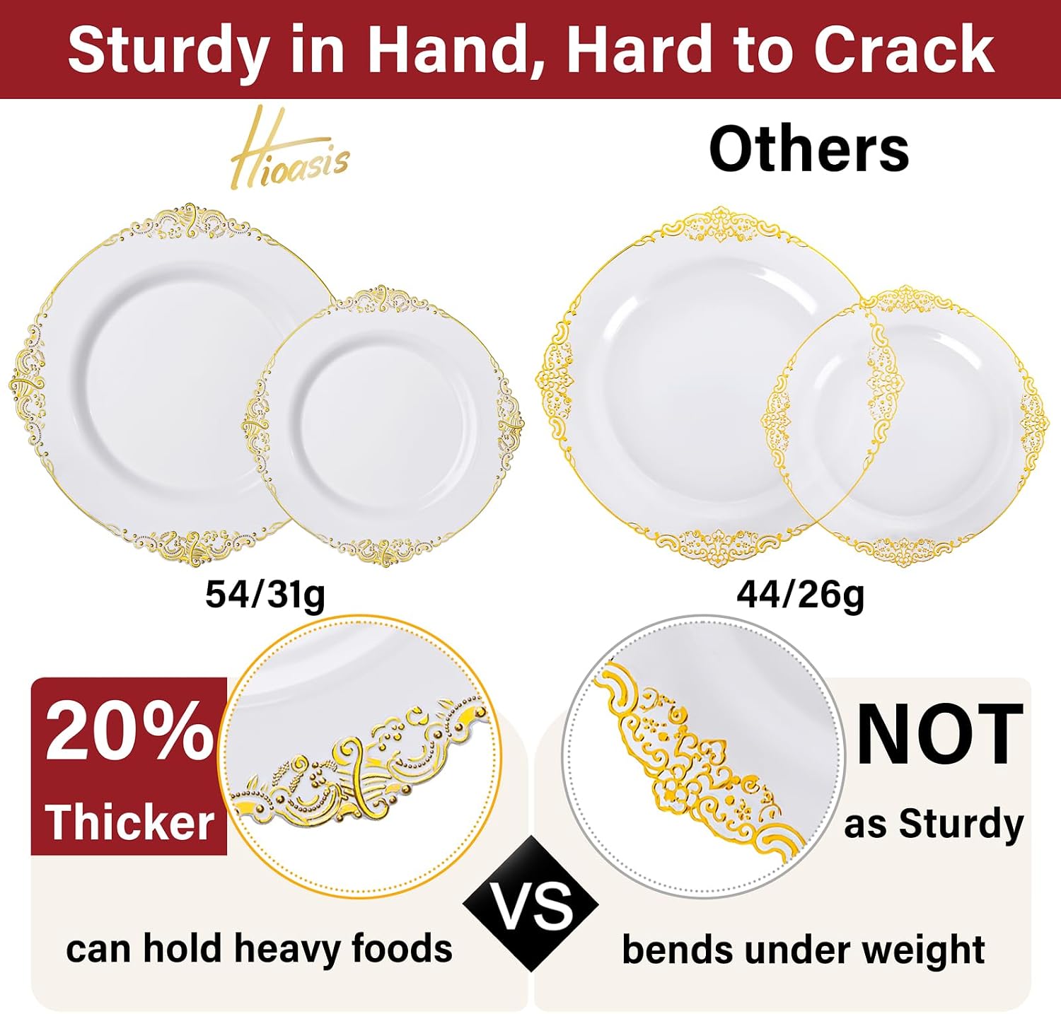 Thumbnail 2 de Hioasis 350pcs White and Gold Baroque Party Plates Set for 50 Guests