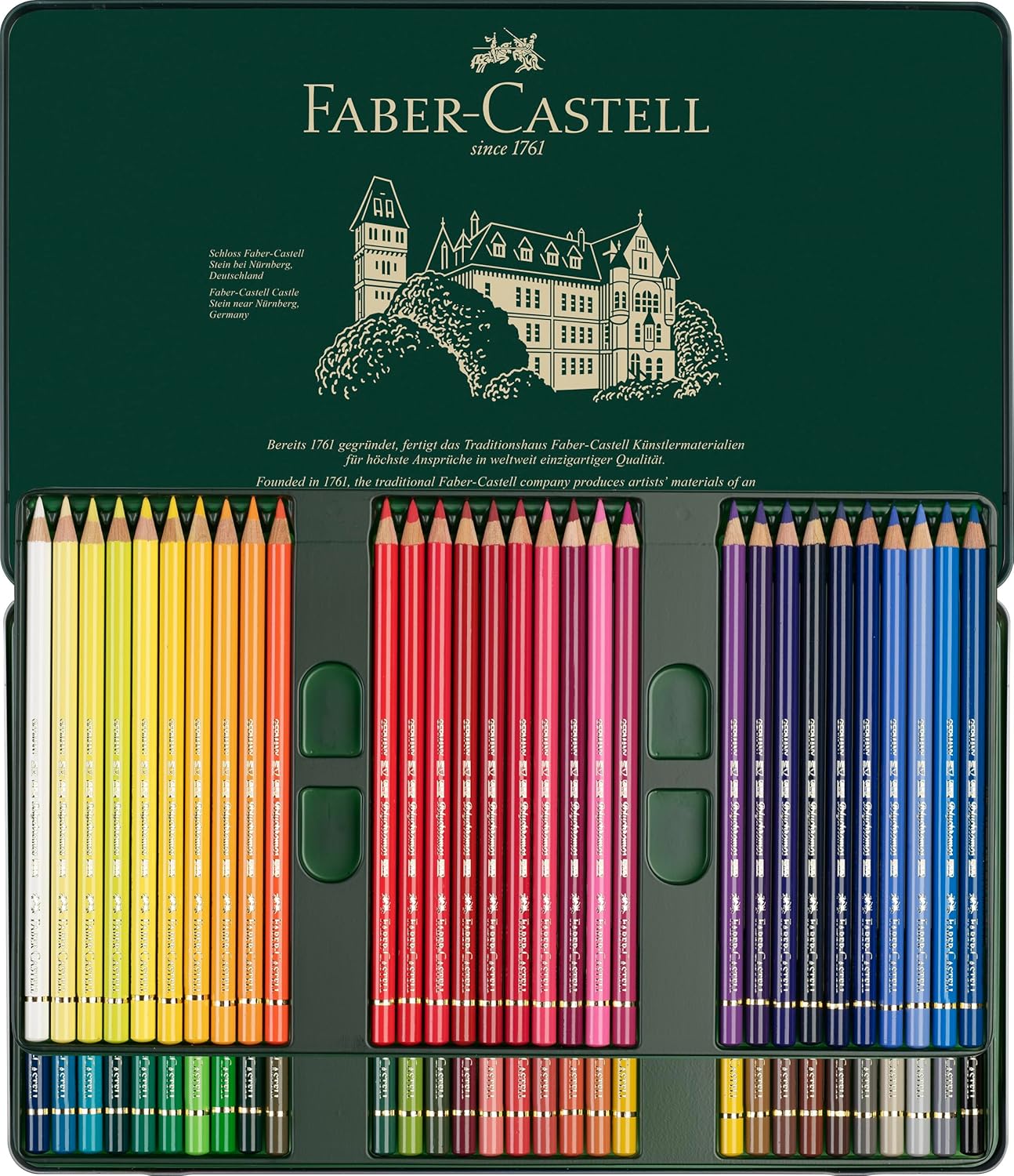Detalle de Faber-Castell 110060 Polychromos, 60er Metalletui – hochwertige Farbstifte im edlen Metallbehälter