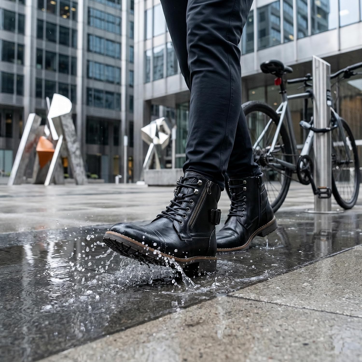 Thumbnail 6 de Vostey Men's Motorcycle Combat Boots with Side Zipper and Waterproof Upper
