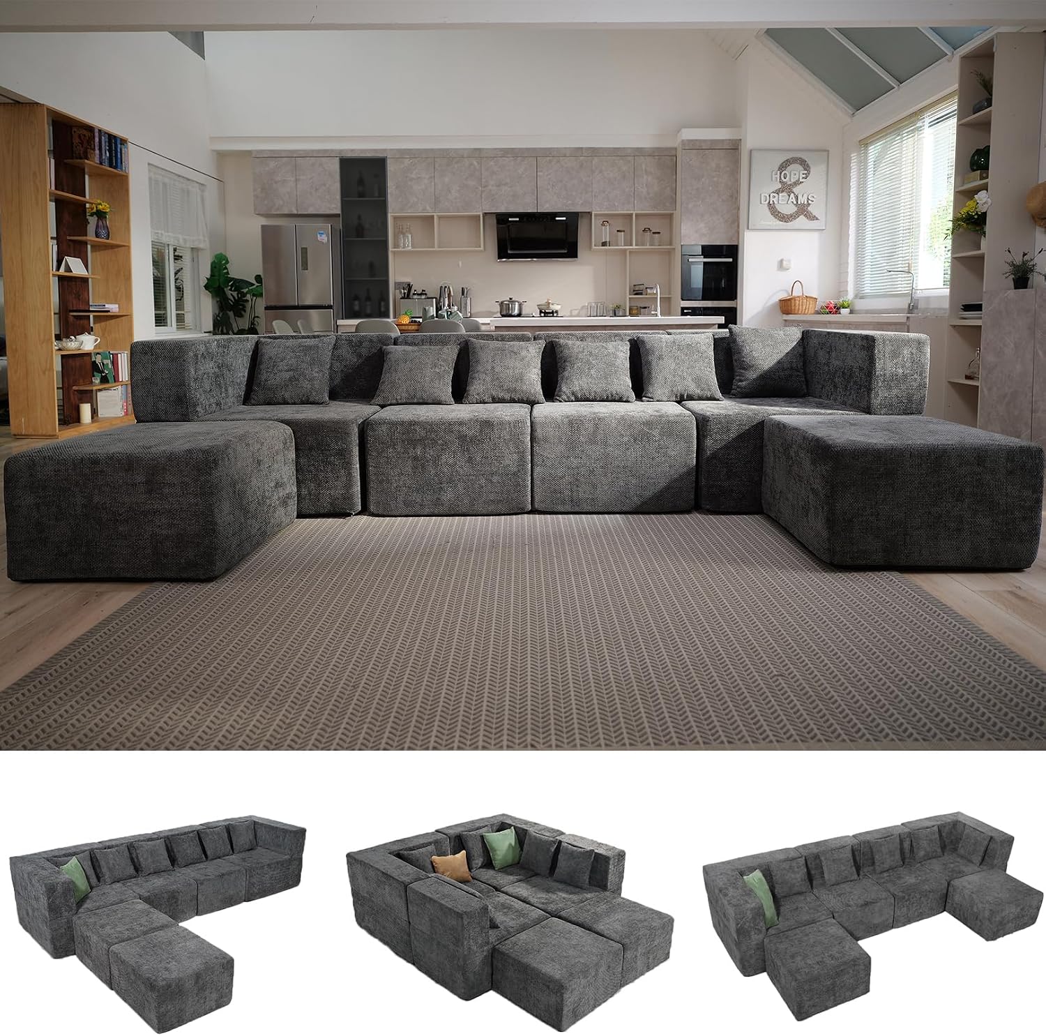 Detalle de MONVANE SF03-GR Modular Sectional Sofa, 130-Inch Chenille, Memory Foam