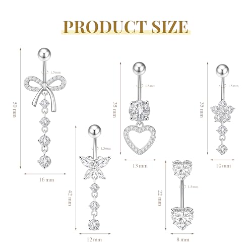 Detalle de Nelytiya 5Pcs Silver Dangly Belly Button Bars Set