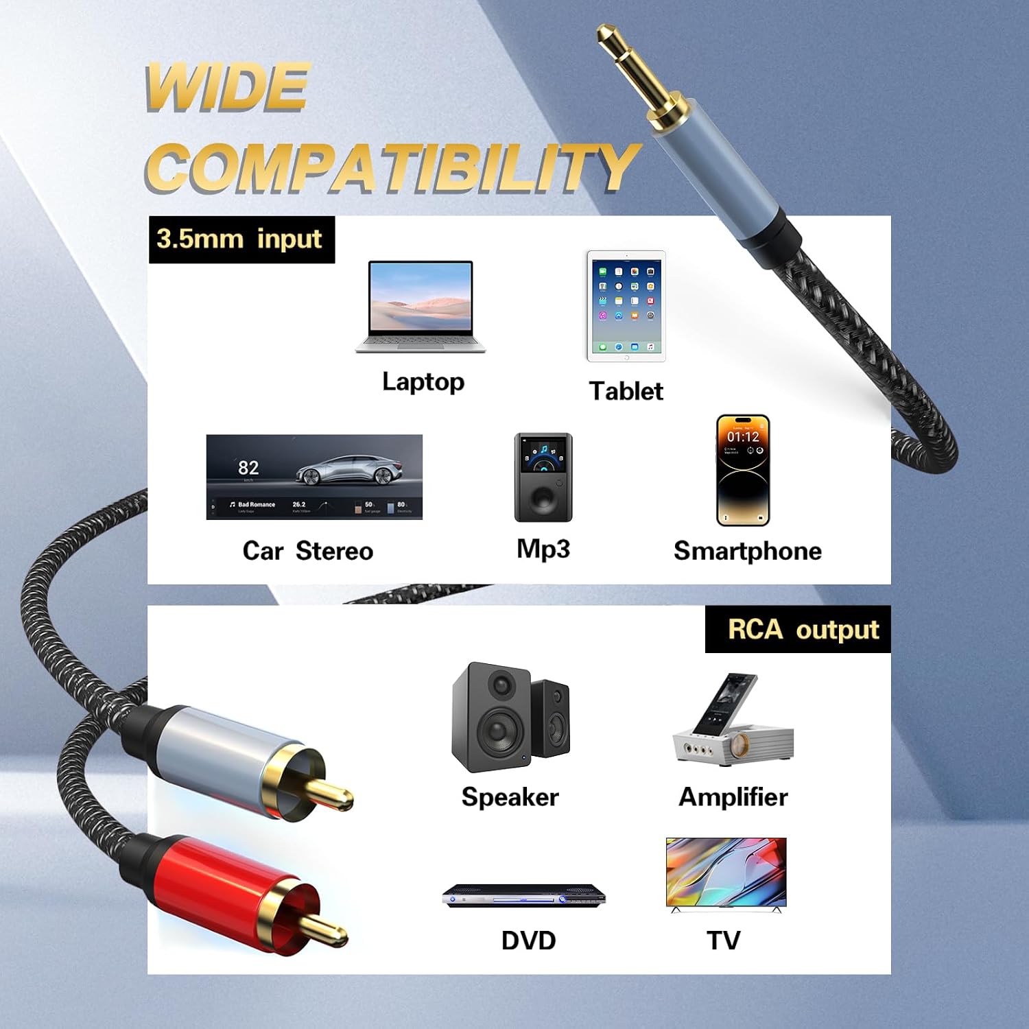 Detalle 2 de SSS·GRGB 3.5mm to RCA Cable: 10m Nylon-Braided, 24K Gold-Plated Adaptor