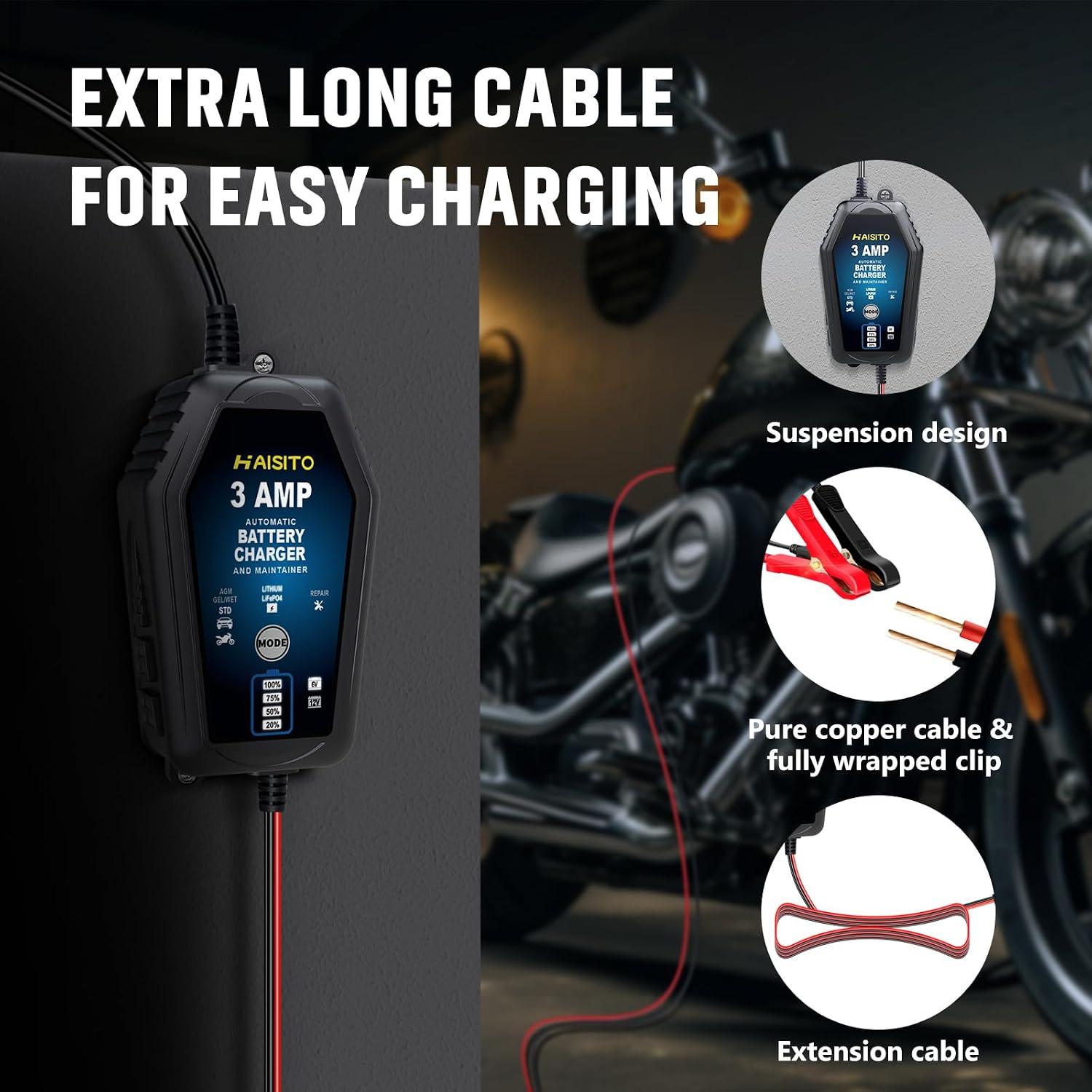 Detalle de Haisito 3 AMP 6V/12V Smart Battery Charger with Automatic Maintainer