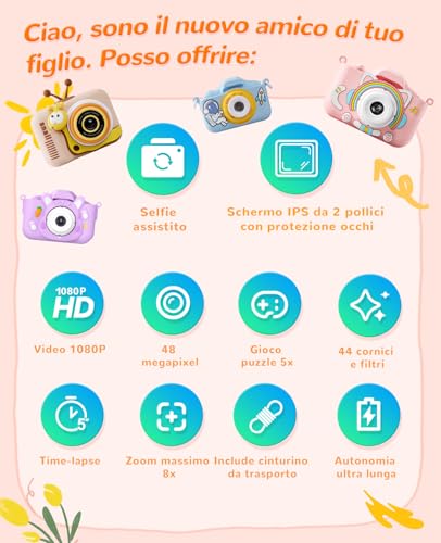 Detalle de Voniobuy Macchina Fotografica per Bambini – Fotocamera 1080P con Schermo IPS 2.0", 44 Cornici, 5 Giochi Educativi e Kit Regalo