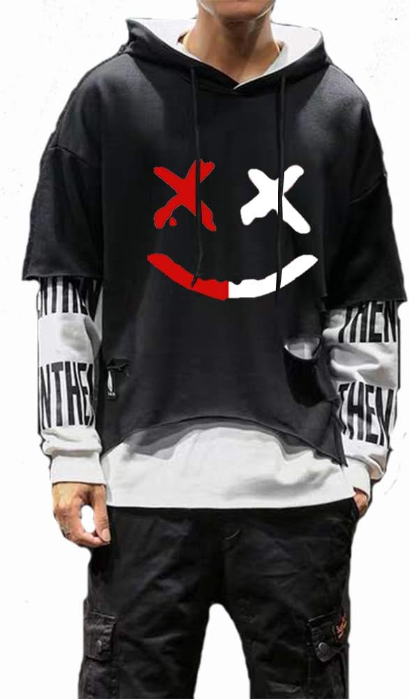 Detalle de Hello MrLin Men’s Techwear Hip Hop Hoodie Japanese Streetwear Patchwork Jumper